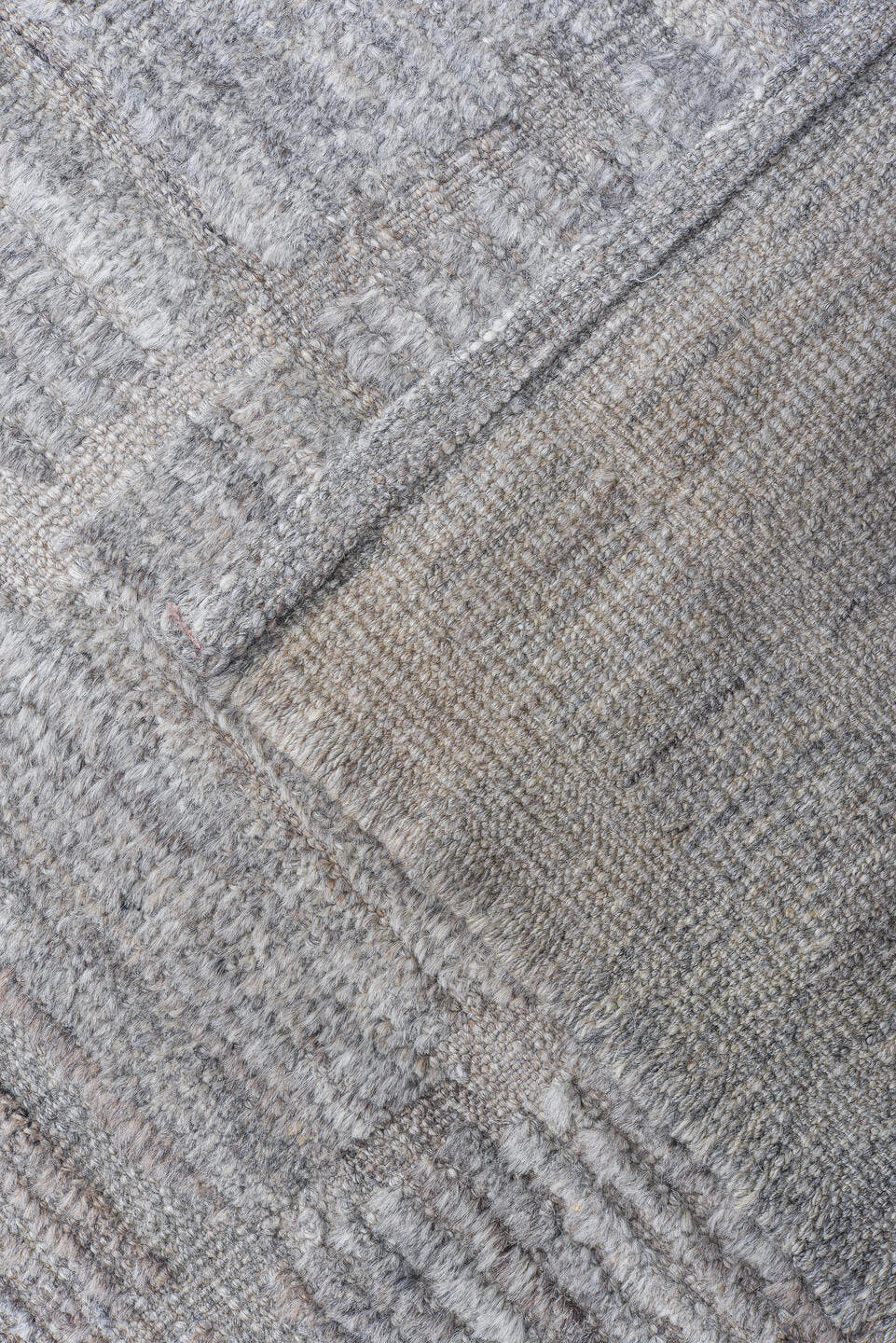 13' x 18' one-of-a-kind handmade vintage Tulu oversize rug. Color palette: ivory, pale gray, taupe, stone, silver