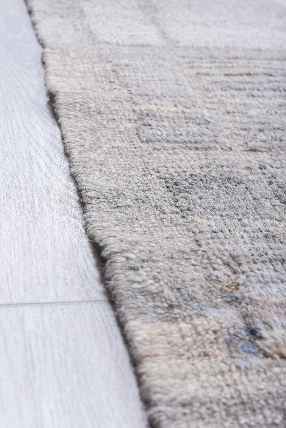 13' x 18' one-of-a-kind handmade vintage Tulu oversize rug. Color palette: ivory, pale gray, taupe, stone, silver