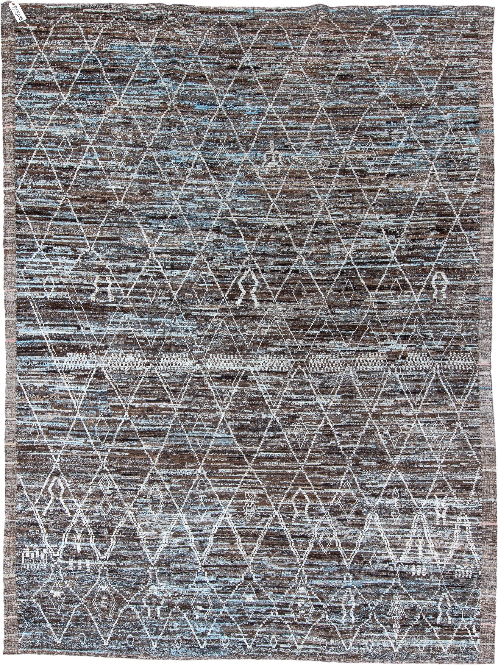 10' x 13' one-of-a-kind handmade vintage Tulu large size rug. Color palette: brown, ivory, pale blue, taupe, charcoal