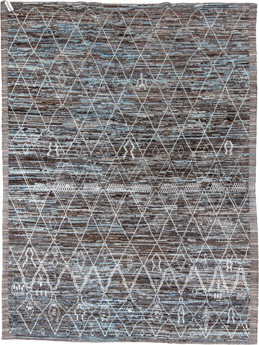 10' x 13' one-of-a-kind handmade vintage Tulu large size rug. Color palette: brown, ivory, pale blue, taupe, charcoal