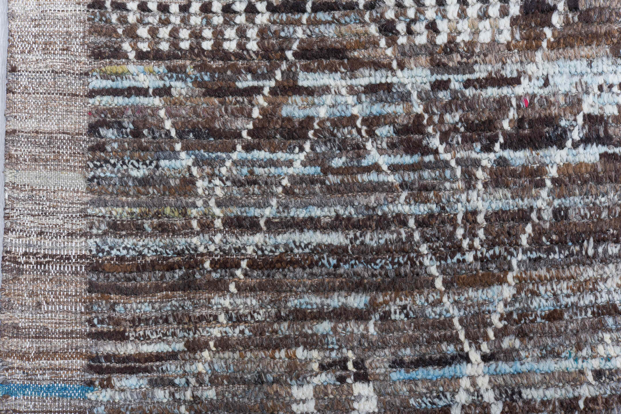 10' x 13' one-of-a-kind handmade vintage Tulu large size rug. Color palette: brown, ivory, pale blue, taupe, charcoal