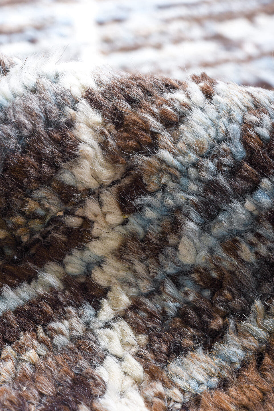 10' x 13' one-of-a-kind handmade vintage Tulu large size rug. Color palette: brown, ivory, pale blue, taupe, charcoal