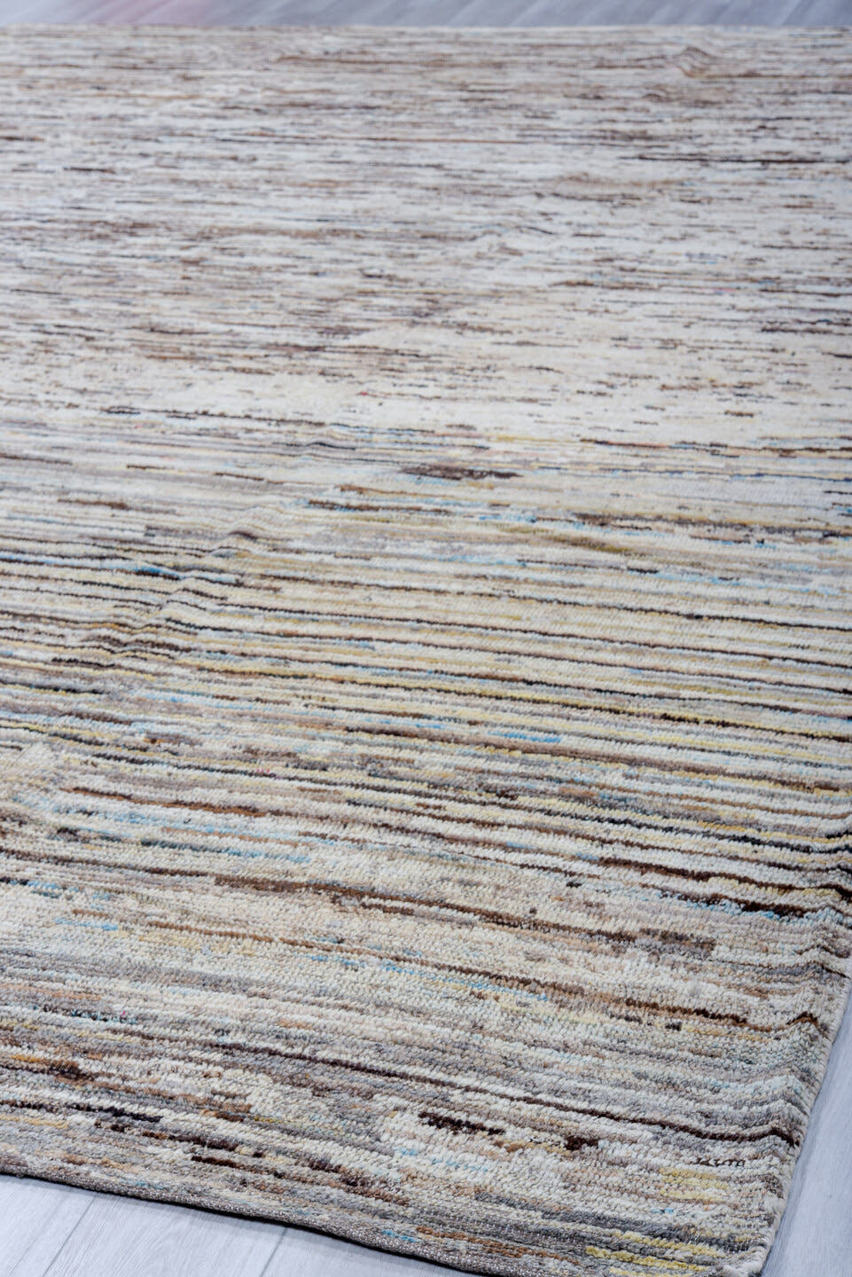 9' x 14' one-of-a-kind handmade vintage Tulu large size rug. Color palette: ivory, taupe, brown, beige, pale_blue, cream