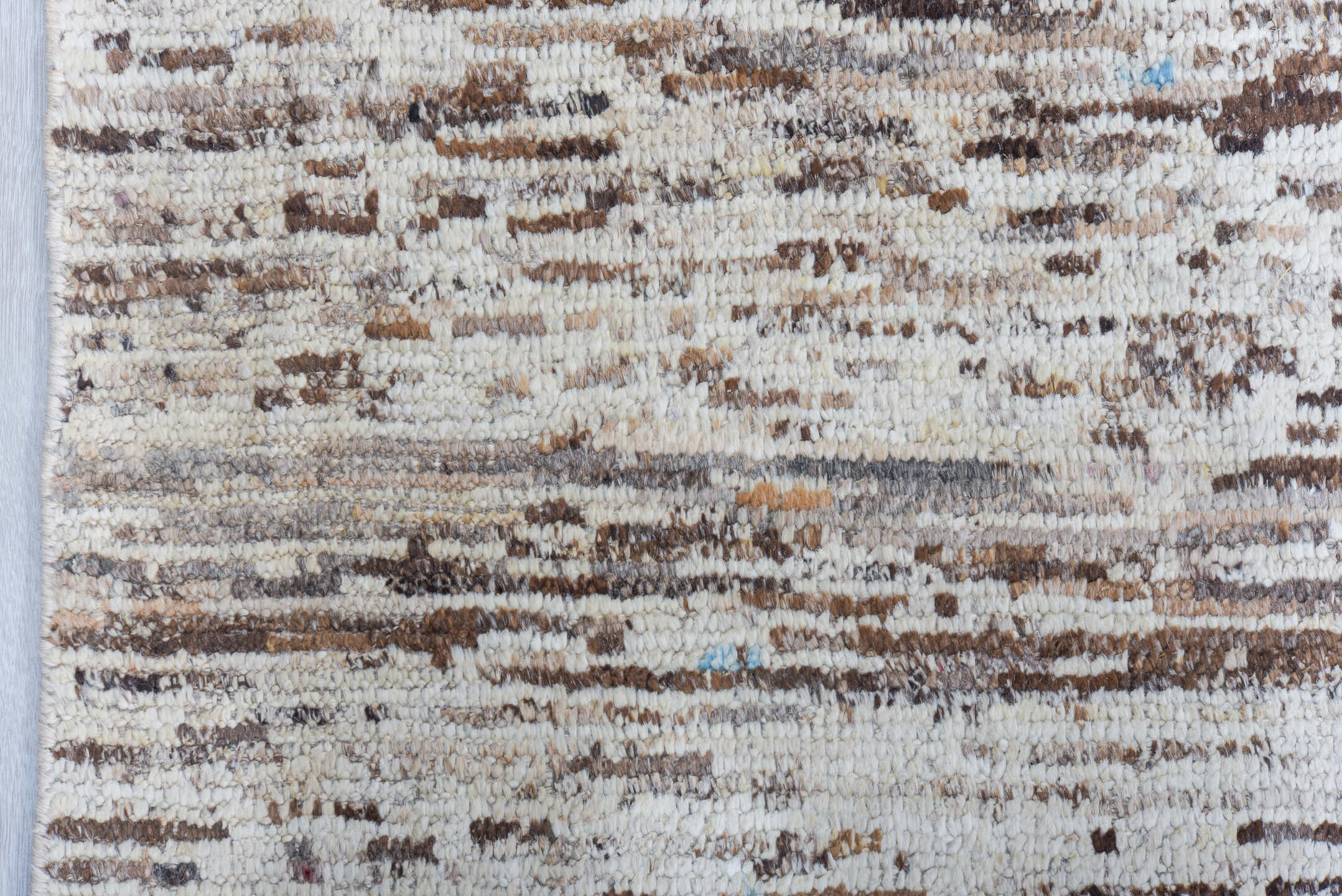 9' x 14' one-of-a-kind handmade vintage Tulu large size rug. Color palette: ivory, taupe, brown, beige, pale_blue, cream