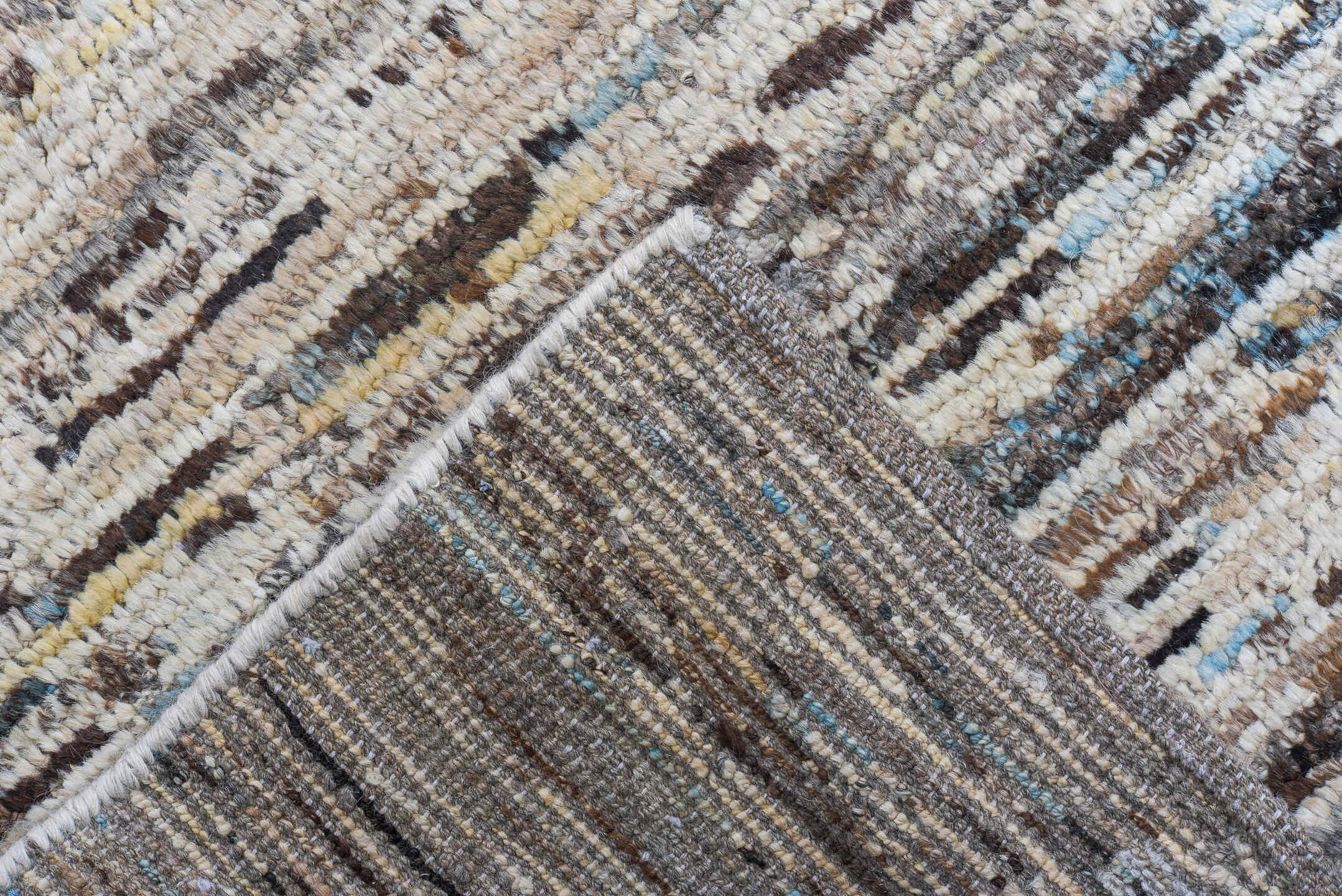 9' x 14' one-of-a-kind handmade vintage Tulu large size rug. Color palette: ivory, taupe, brown, beige, pale_blue, cream