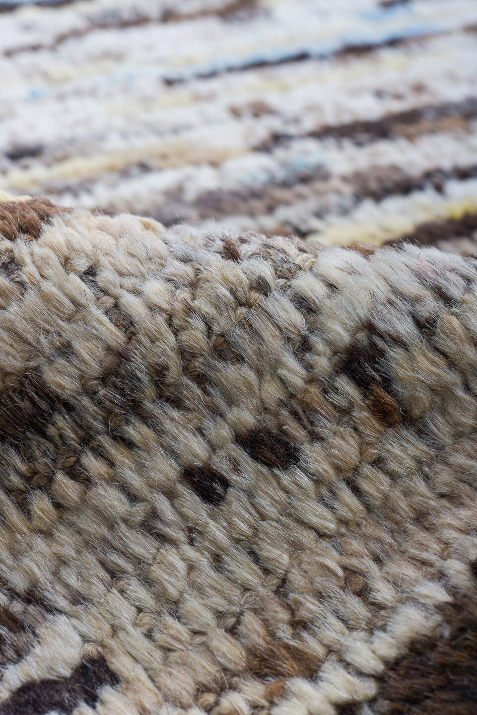 9' x 14' one-of-a-kind handmade vintage Tulu large size rug. Color palette: ivory, taupe, brown, beige, pale_blue, cream