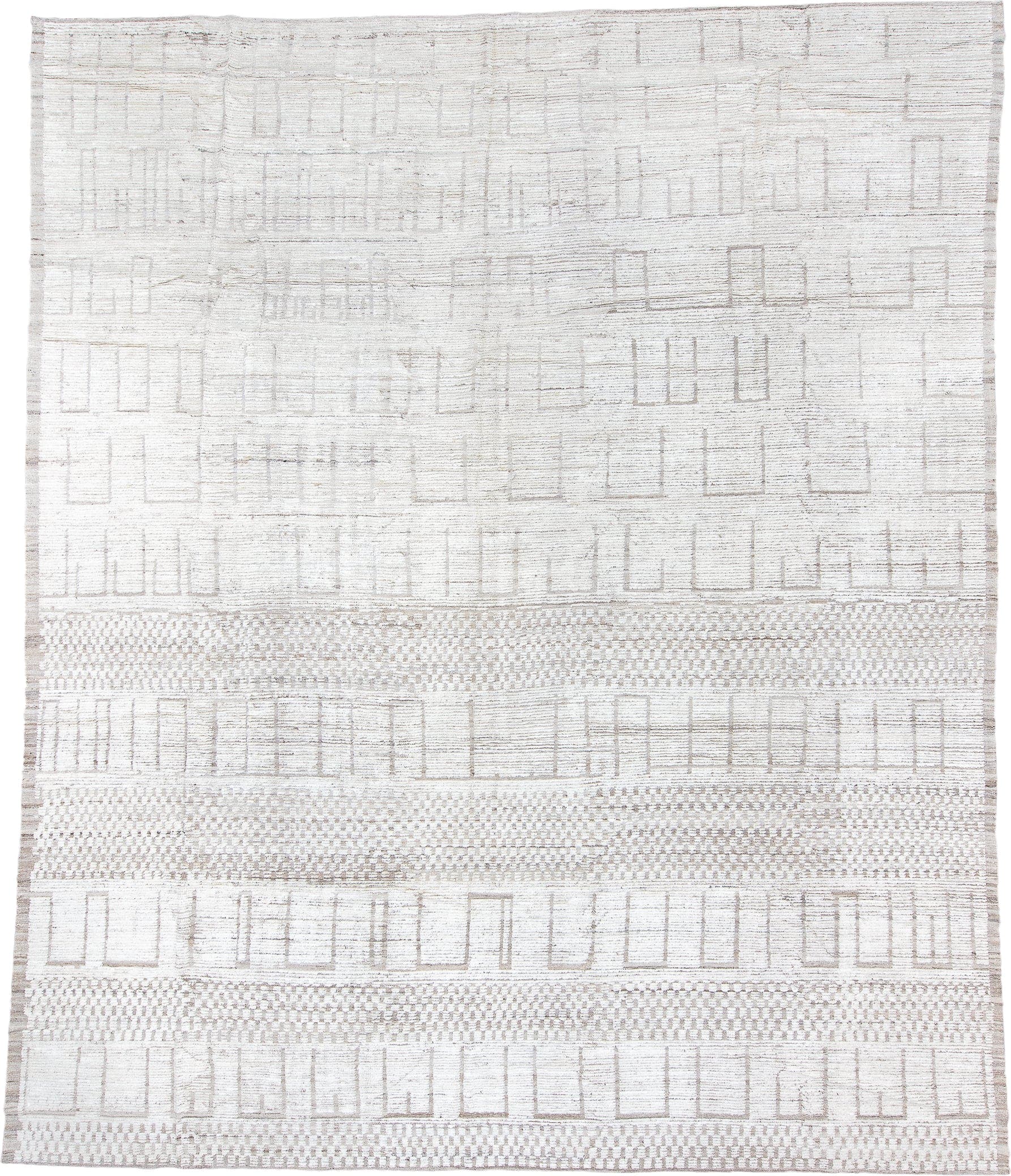 12' x 15' one-of-a-kind handmade vintage Tulu oversize rug. Color palette: ivory, cream, taupe, beige, light gray, gray