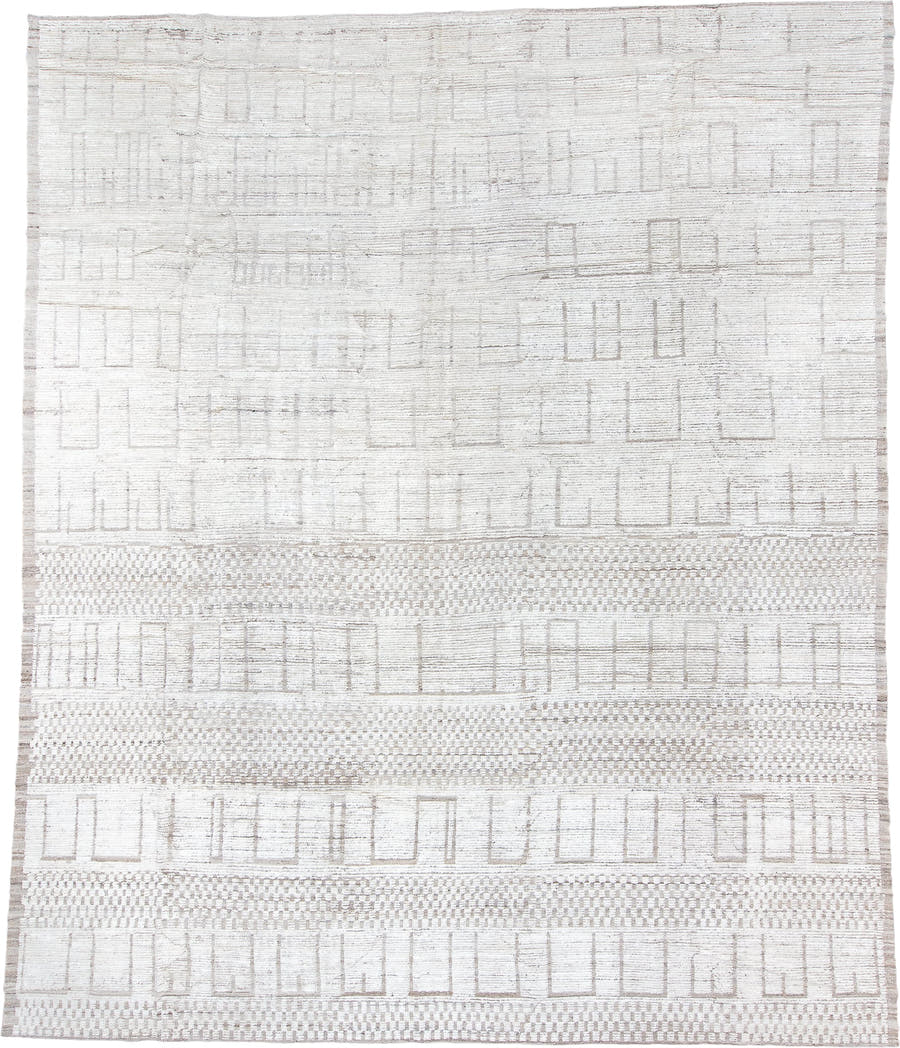 12' x 15' one-of-a-kind handmade vintage Tulu oversize rug. Color palette: ivory, cream, taupe, beige, light gray, gray