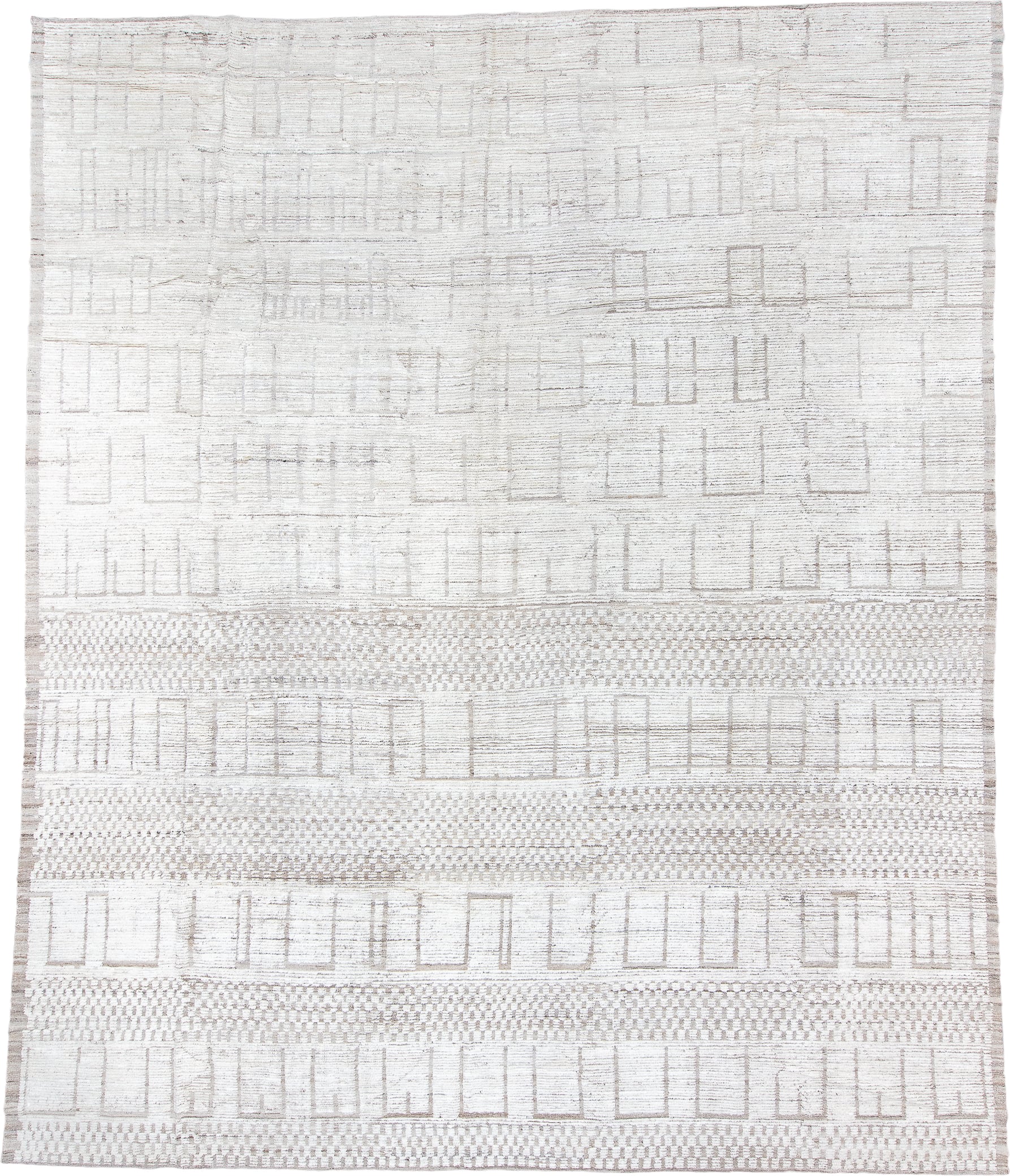 12' x 15' one-of-a-kind handmade vintage Tulu oversize rug. Color palette: ivory, cream, taupe, beige, light gray, gray