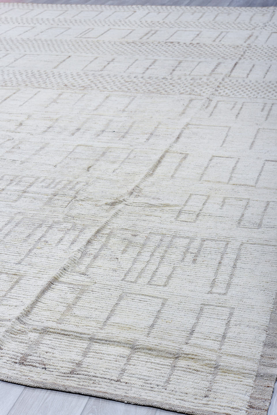 12' x 15' one-of-a-kind handmade vintage Tulu oversize rug. Color palette: ivory, cream, taupe, beige, light gray, gray