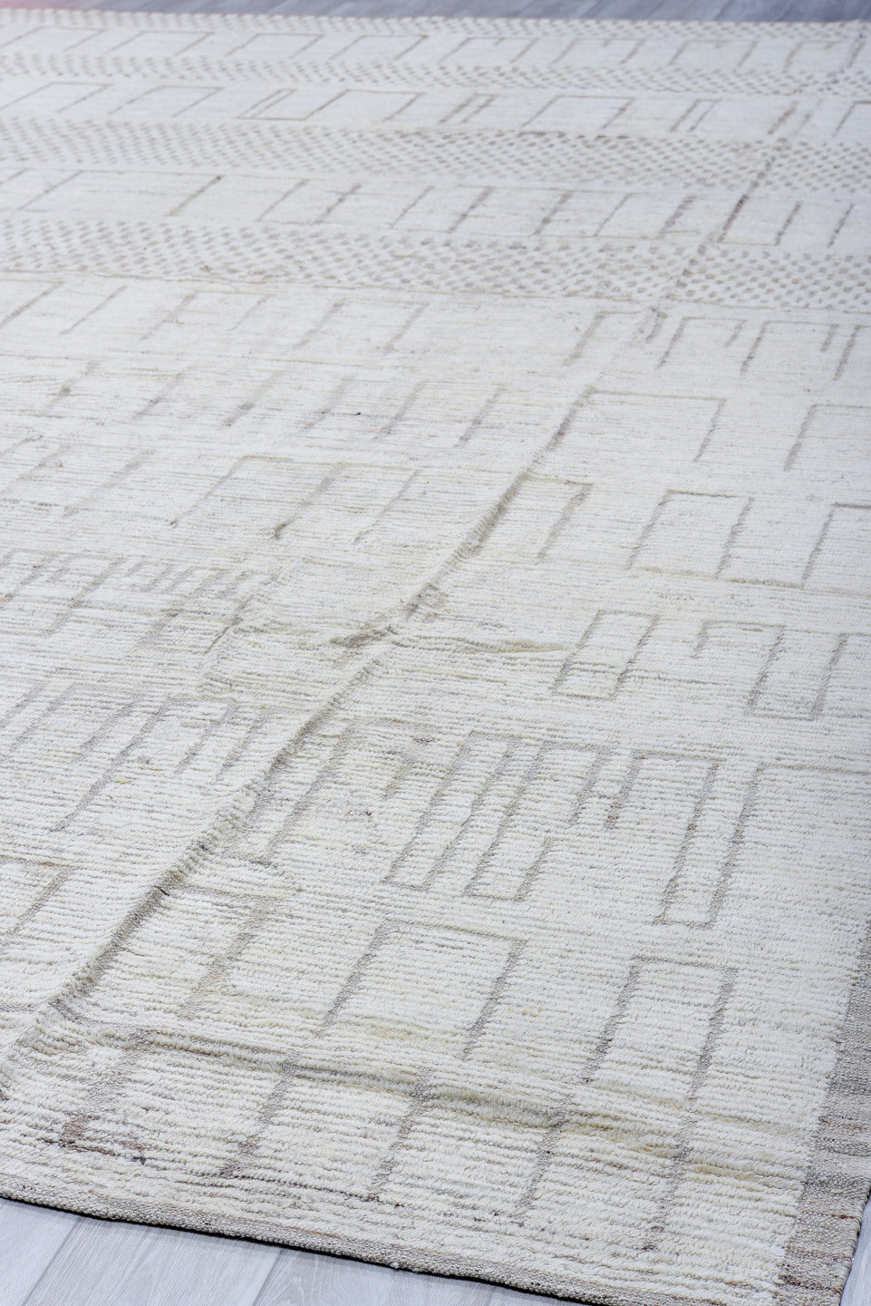 12' x 15' one-of-a-kind handmade vintage Tulu oversize rug. Color palette: ivory, cream, taupe, beige, light gray, gray