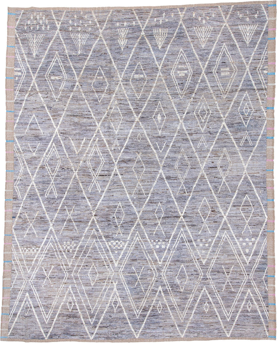 11' x 14' one-of-a-kind handmade vintage Tulu oversize rug. Color palette: lavender gray, ivory, taupe, sky blue, blush