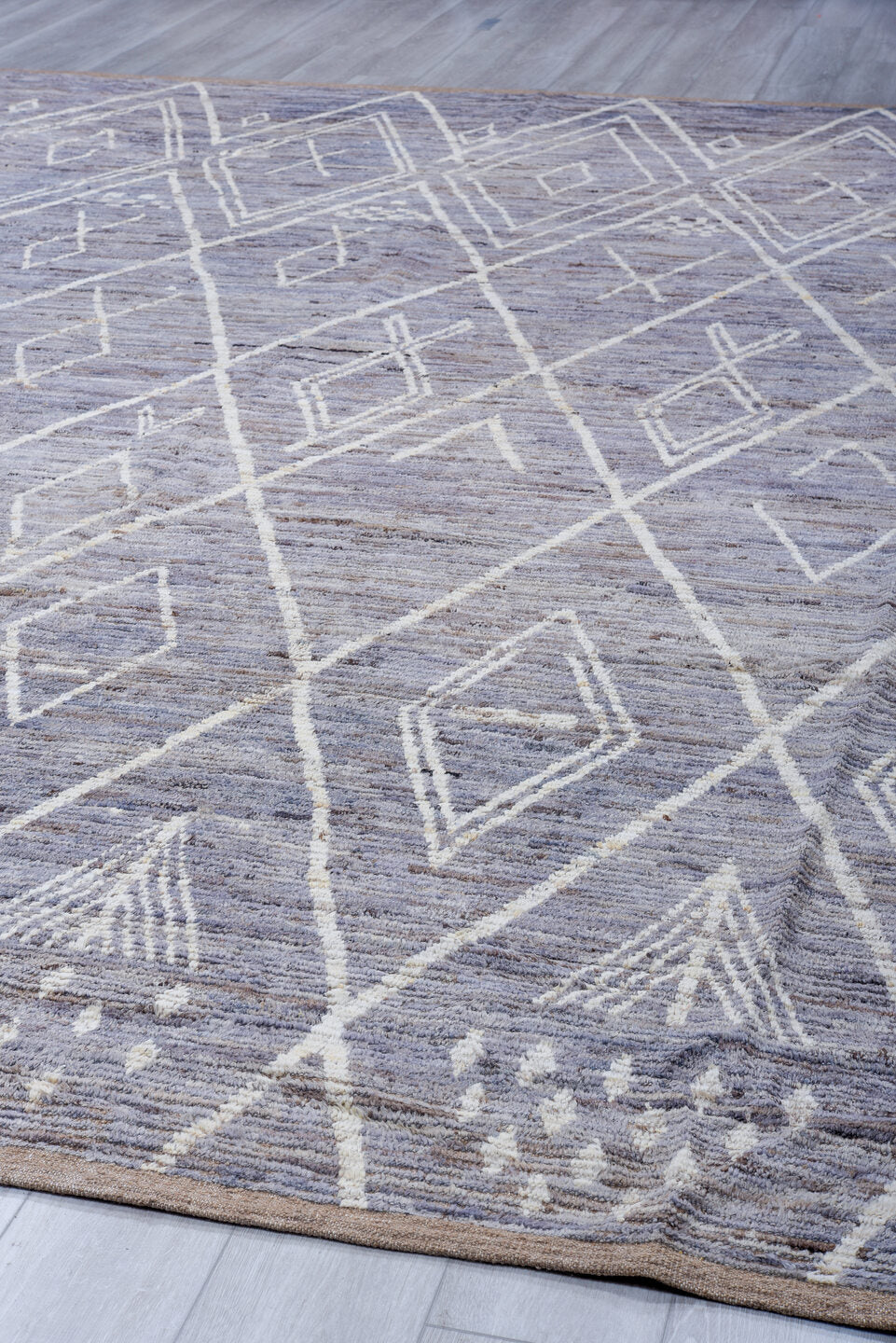 11' x 14' one-of-a-kind handmade vintage Tulu oversize rug. Color palette: lavender gray, ivory, taupe, sky blue, blush