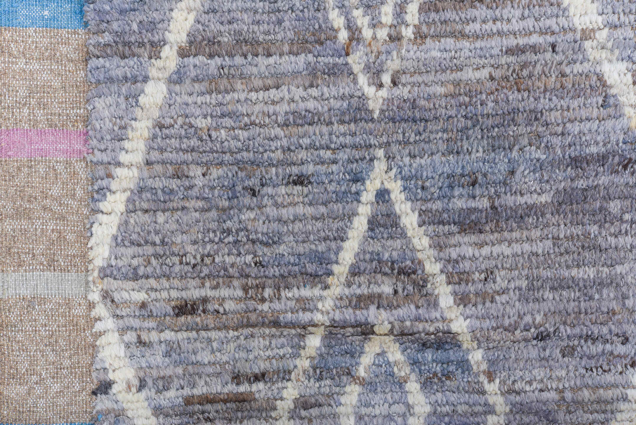 11' x 14' one-of-a-kind handmade vintage Tulu oversize rug. Color palette: lavender gray, ivory, taupe, sky blue, blush