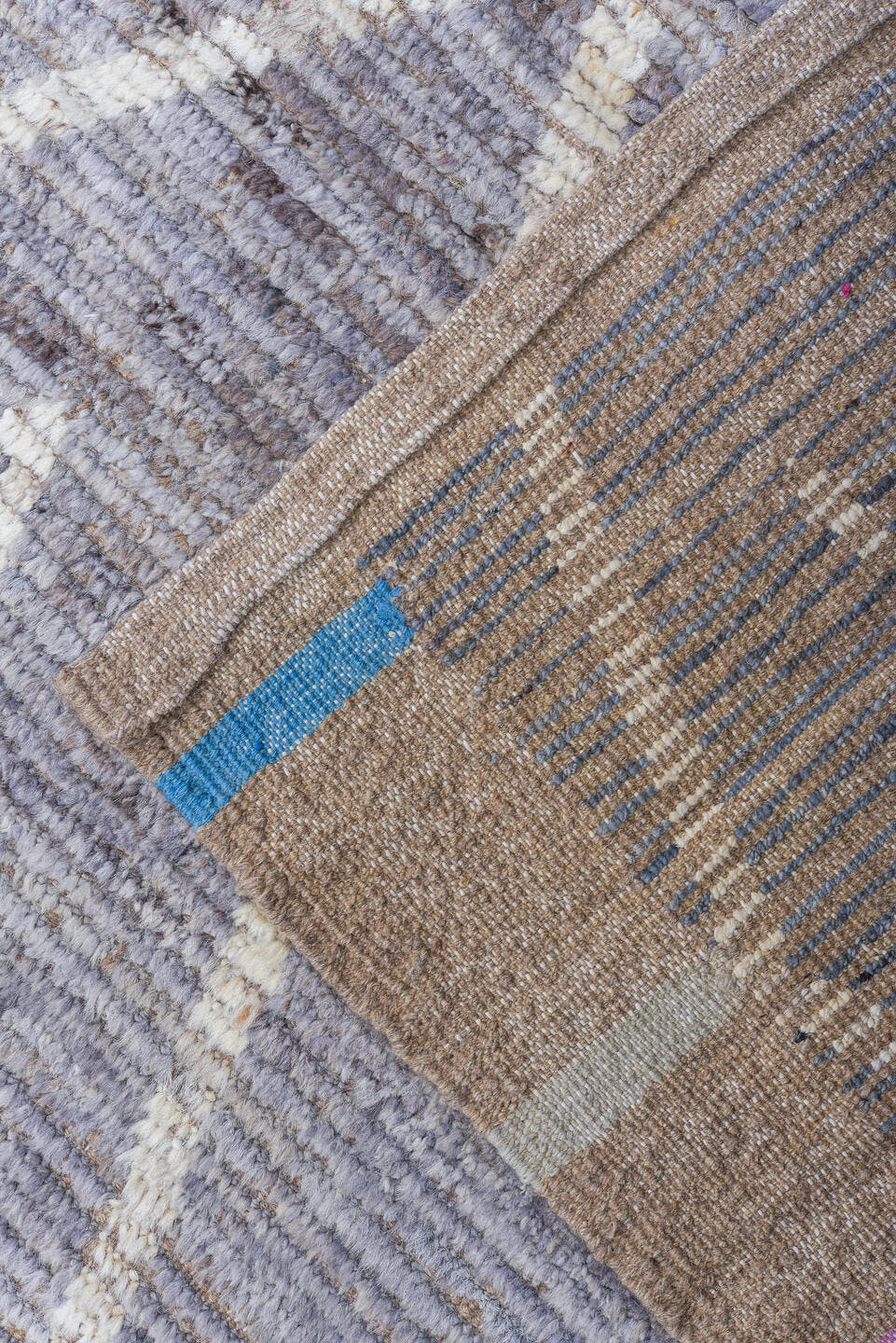 11' x 14' one-of-a-kind handmade vintage Tulu oversize rug. Color palette: lavender gray, ivory, taupe, sky blue, blush