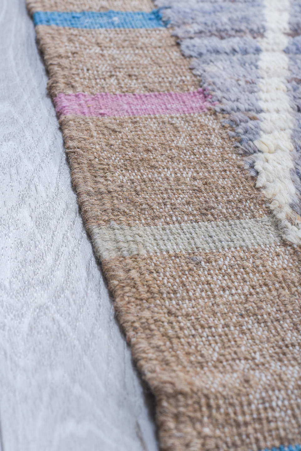 11' x 14' one-of-a-kind handmade vintage Tulu oversize rug. Color palette: lavender gray, ivory, taupe, sky blue, blush
