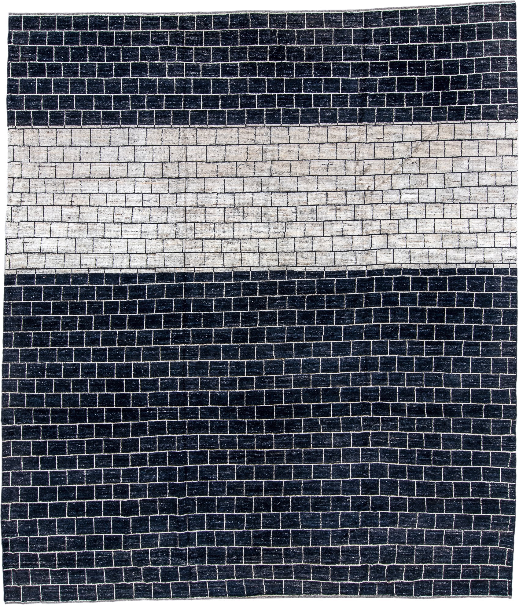 9' x 11' one-of-a-kind handmade vintage Tulu large size rug. Color palette: charcoal, ivory, cream, gray, black