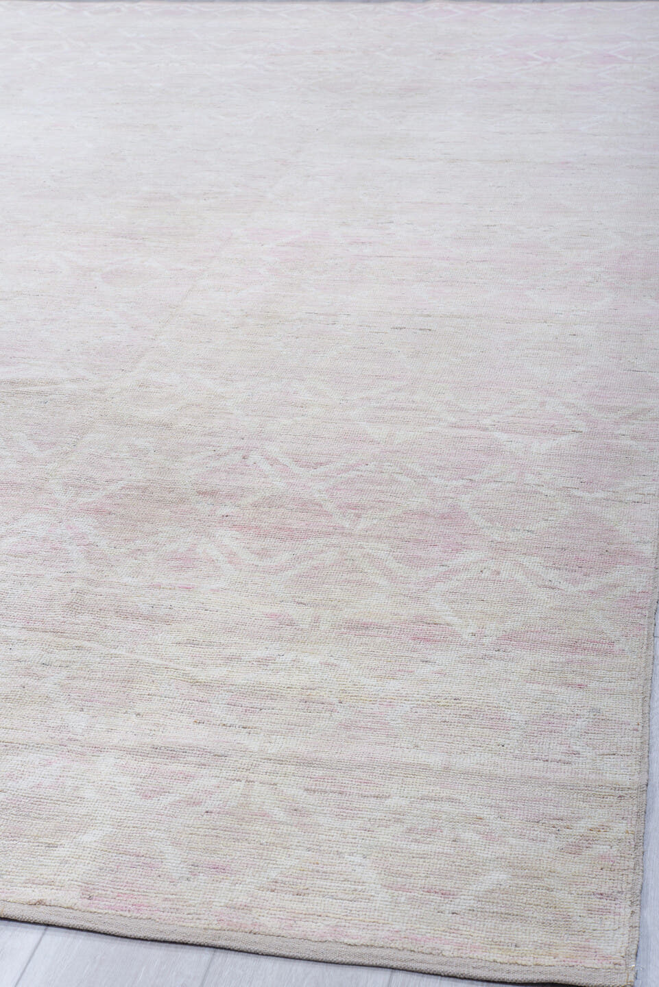 10' x 14' one-of-a-kind handmade vintage Tulu large size rug. Color palette: ivory, blush, cream, pale rose, taupe, pink
