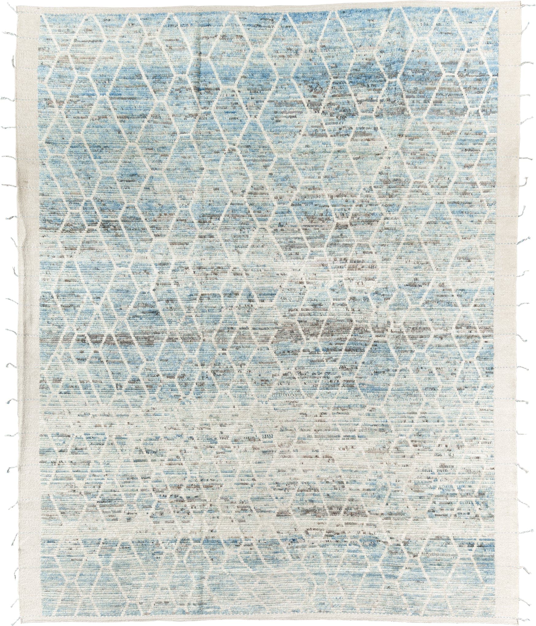 8' x 10' one-of-a-kind handmade vintage Tulu large size rug. Color palette: ivory, pale blue, light blue, silver gray, taupe