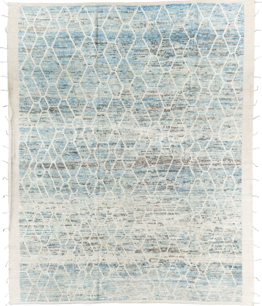 8' x 10' one-of-a-kind handmade vintage Tulu large size rug. Color palette: ivory, pale blue, light blue, silver gray, taupe