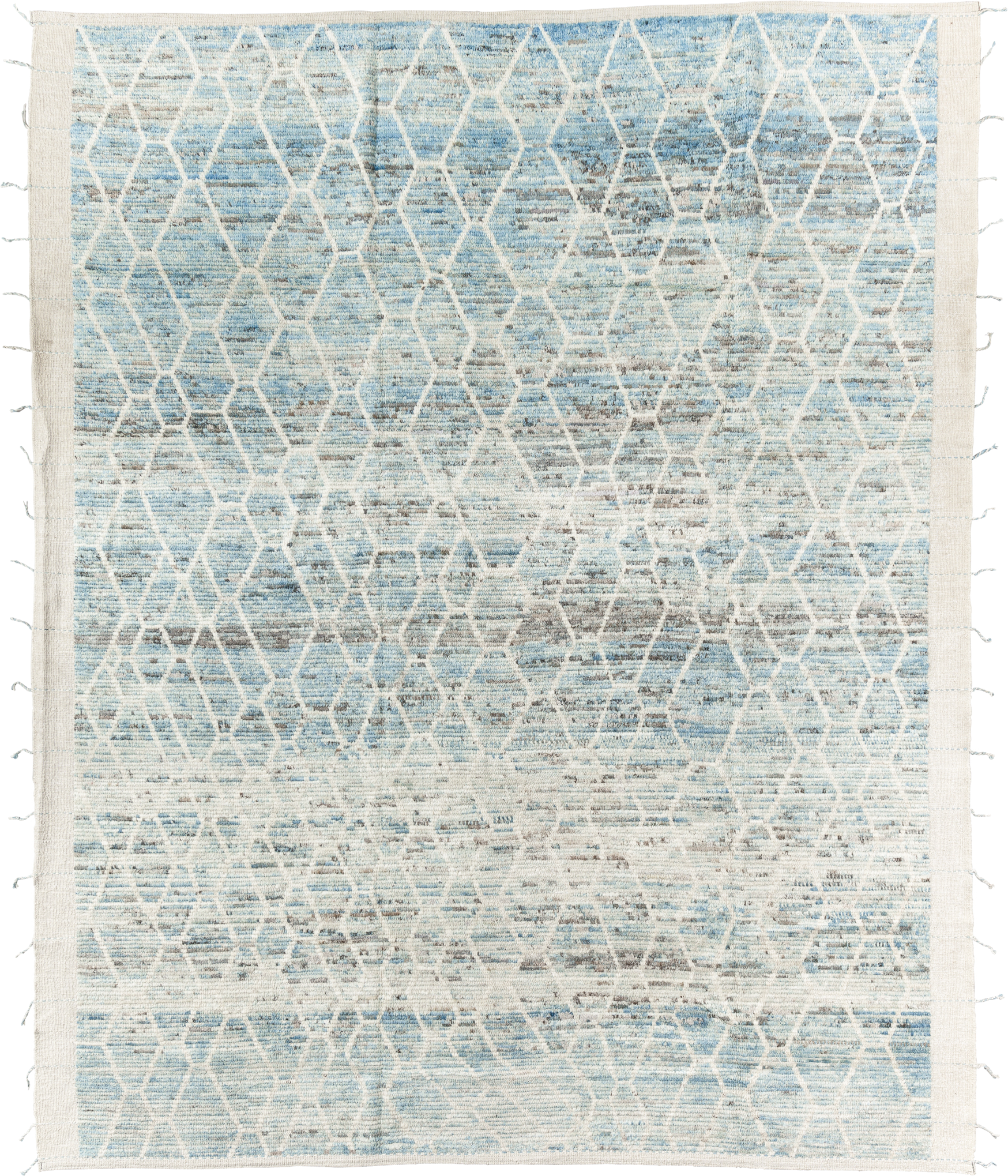 8' x 10' one-of-a-kind handmade vintage Tulu large size rug. Color palette: ivory, pale blue, light blue, silver gray, taupe