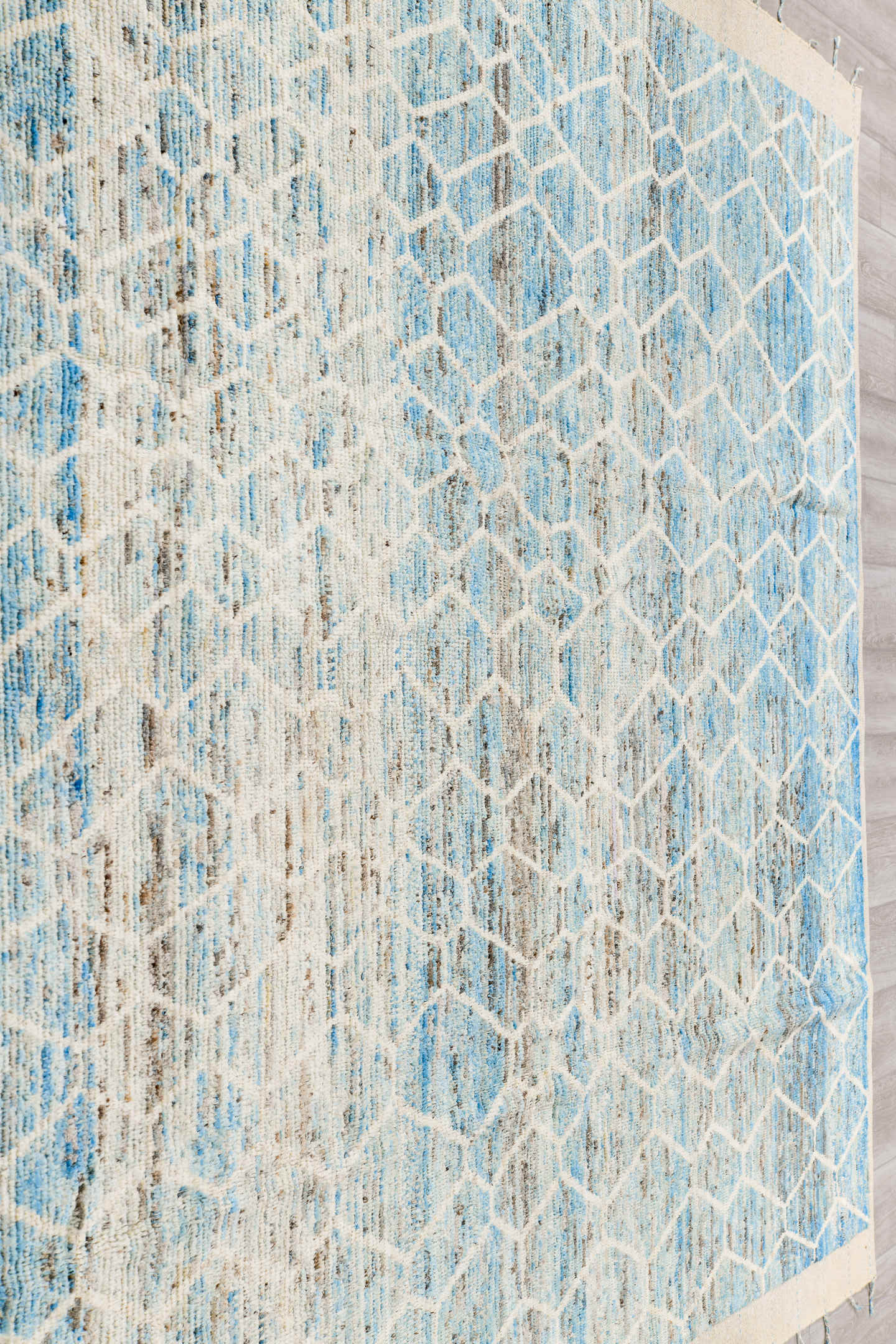 8' x 10' one-of-a-kind handmade vintage Tulu large size rug. Color palette: ivory, pale blue, light blue, silver gray, taupe