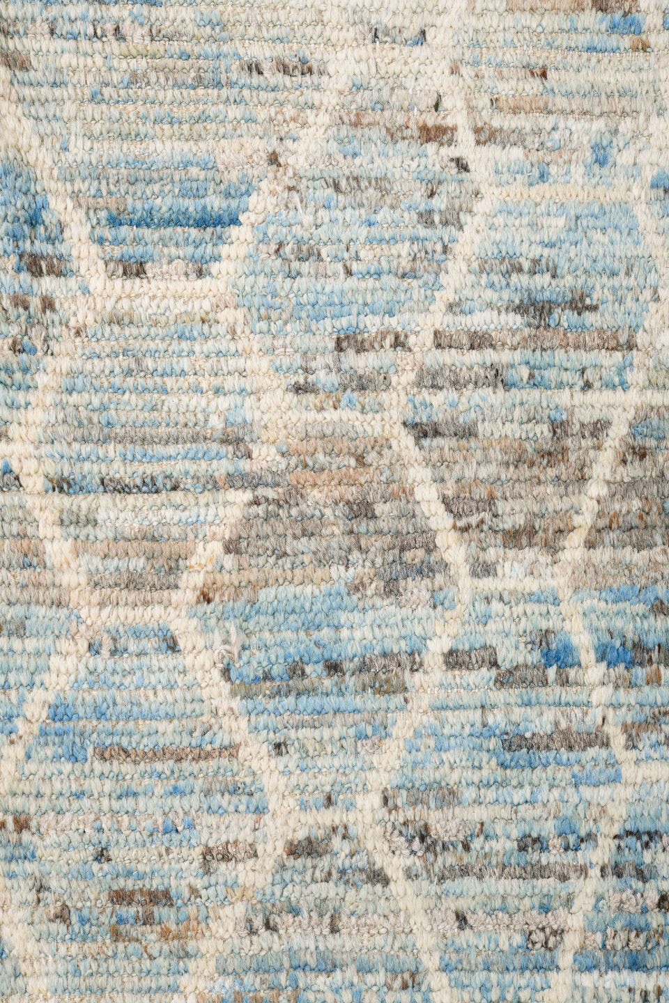 8' x 10' one-of-a-kind handmade vintage Tulu large size rug. Color palette: ivory, pale blue, light blue, silver gray, taupe