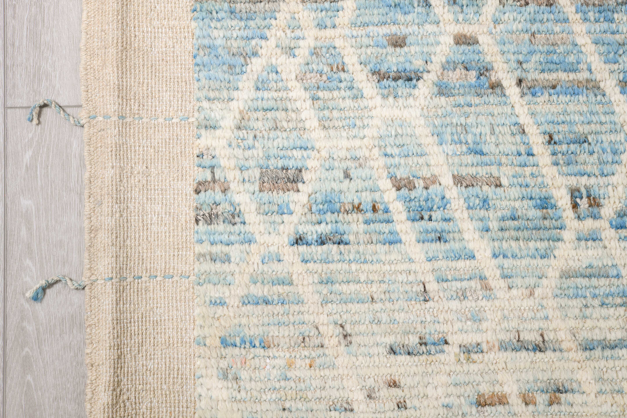 8' x 10' one-of-a-kind handmade vintage Tulu large size rug. Color palette: ivory, pale blue, light blue, silver gray, taupe
