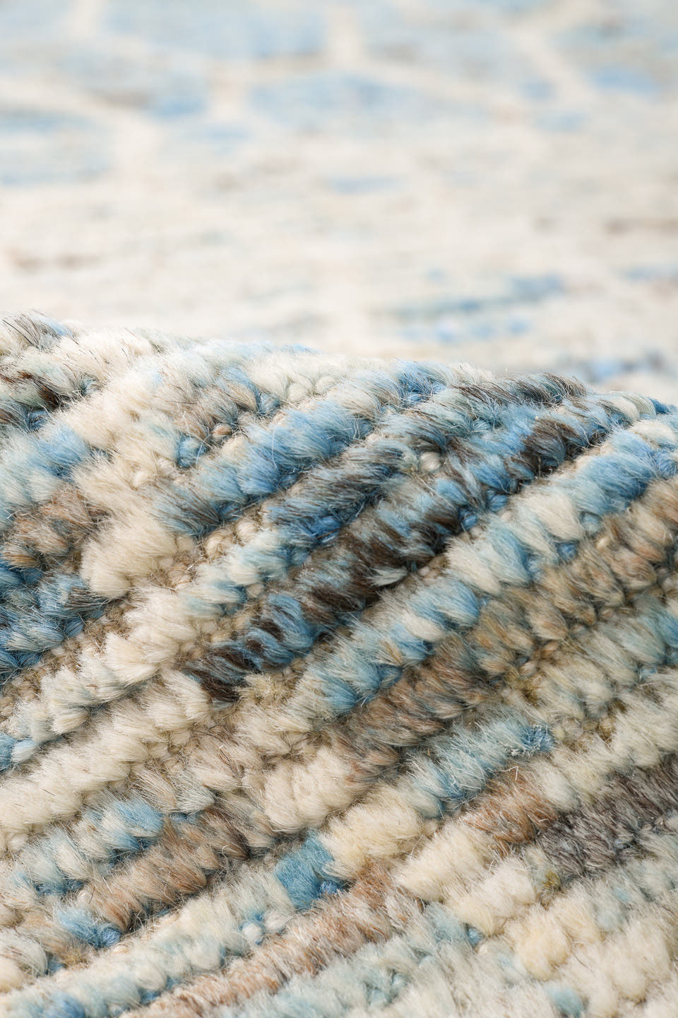 8' x 10' one-of-a-kind handmade vintage Tulu large size rug. Color palette: ivory, pale blue, light blue, silver gray, taupe