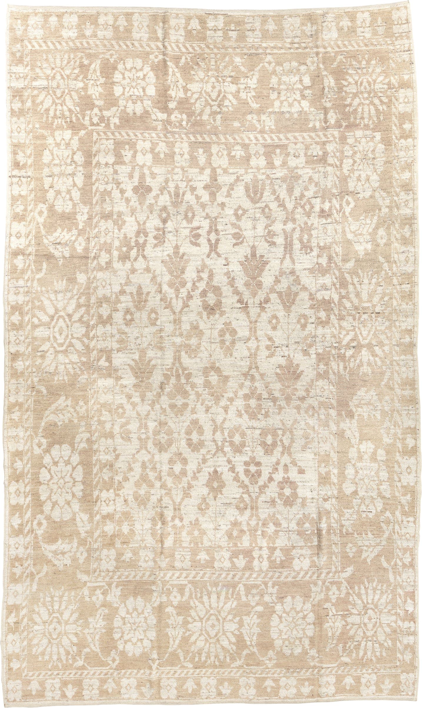 8' x 14' one-of-a-kind handmade vintage Tulu large size rug. Color palette: ivory, beige, taupe, sand, cream, gray