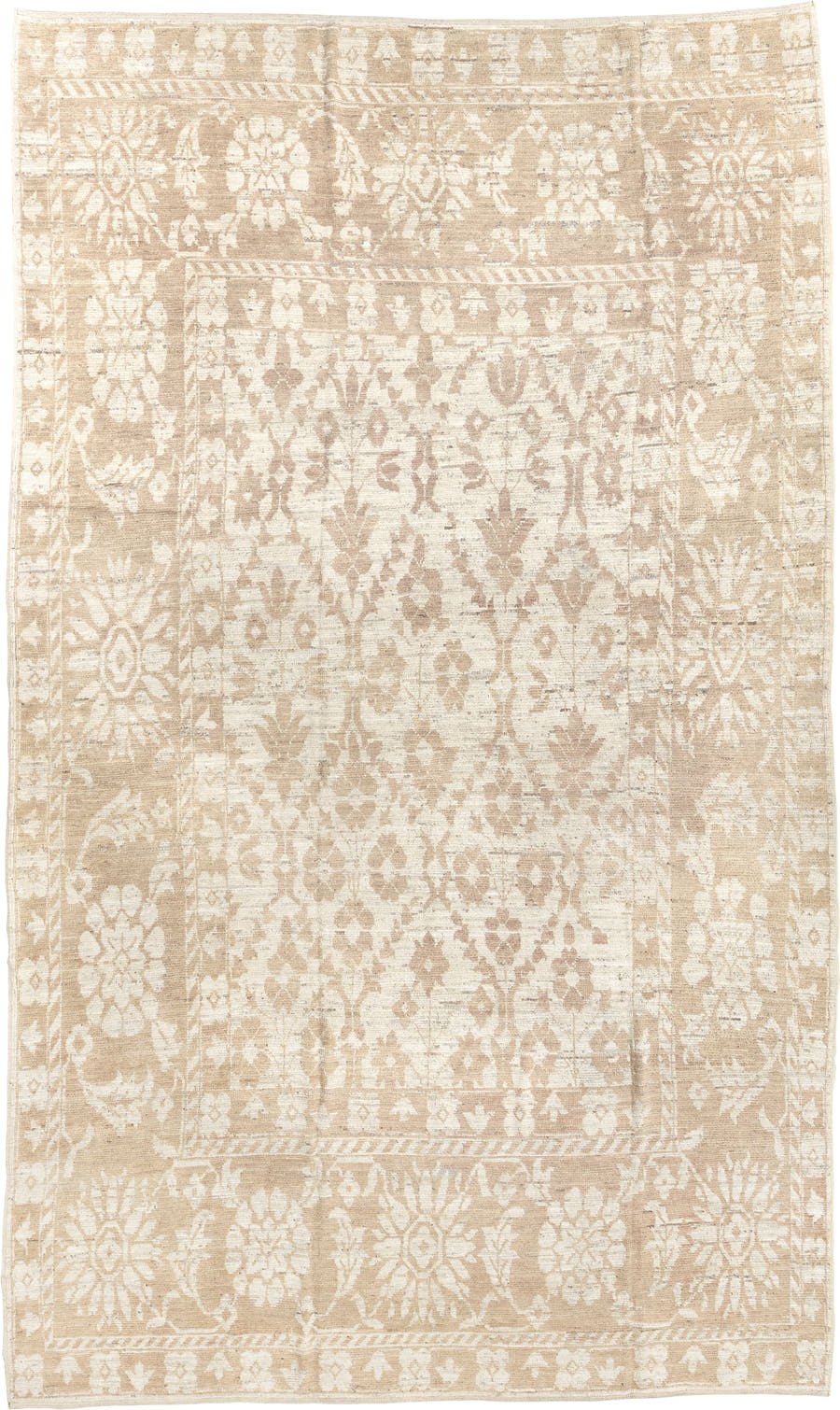 8' x 14' one-of-a-kind handmade vintage Tulu large size rug. Color palette: ivory, beige, taupe, sand, cream, gray