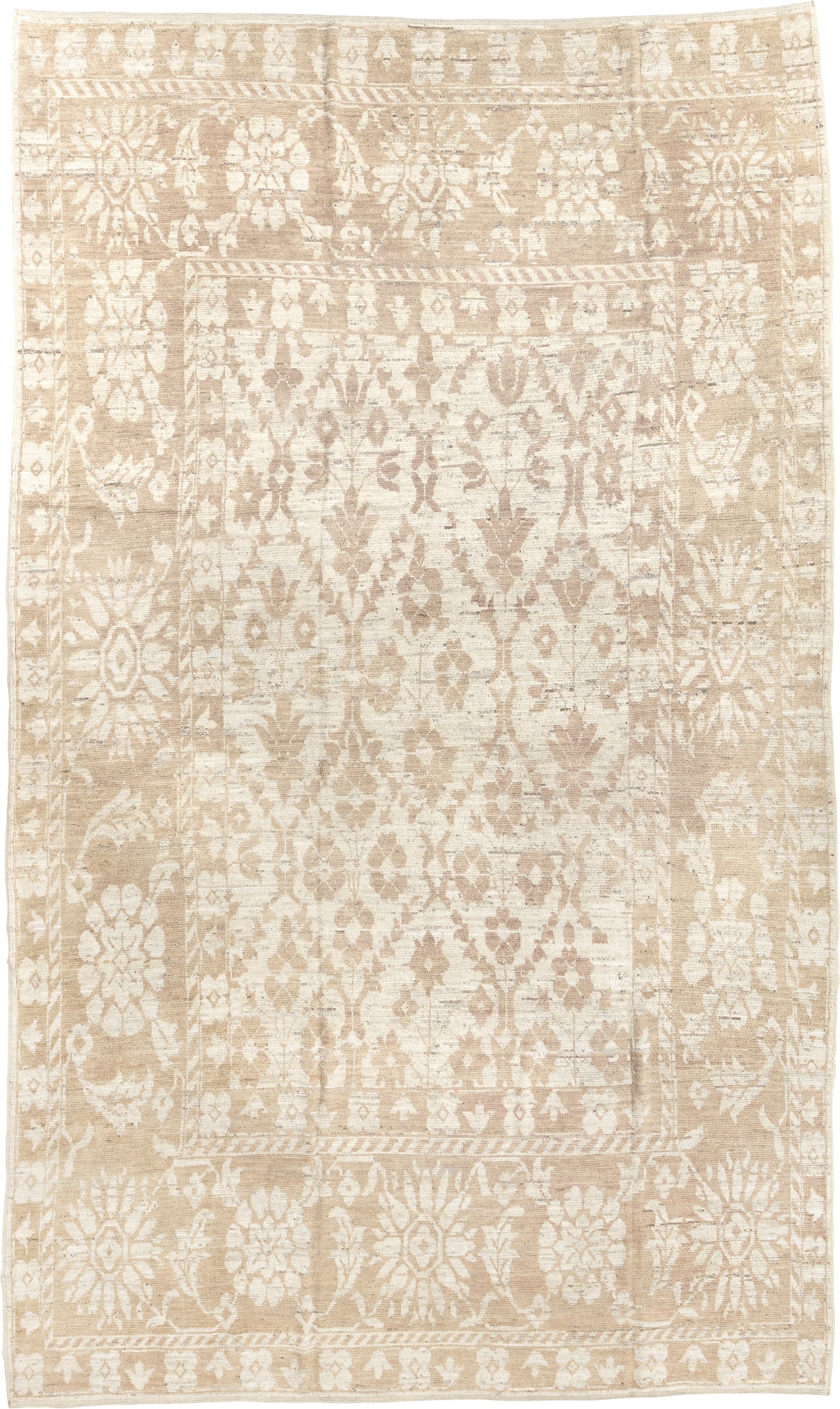 8' x 14' one-of-a-kind handmade vintage Tulu large size rug. Color palette: ivory, beige, taupe, sand, cream, gray