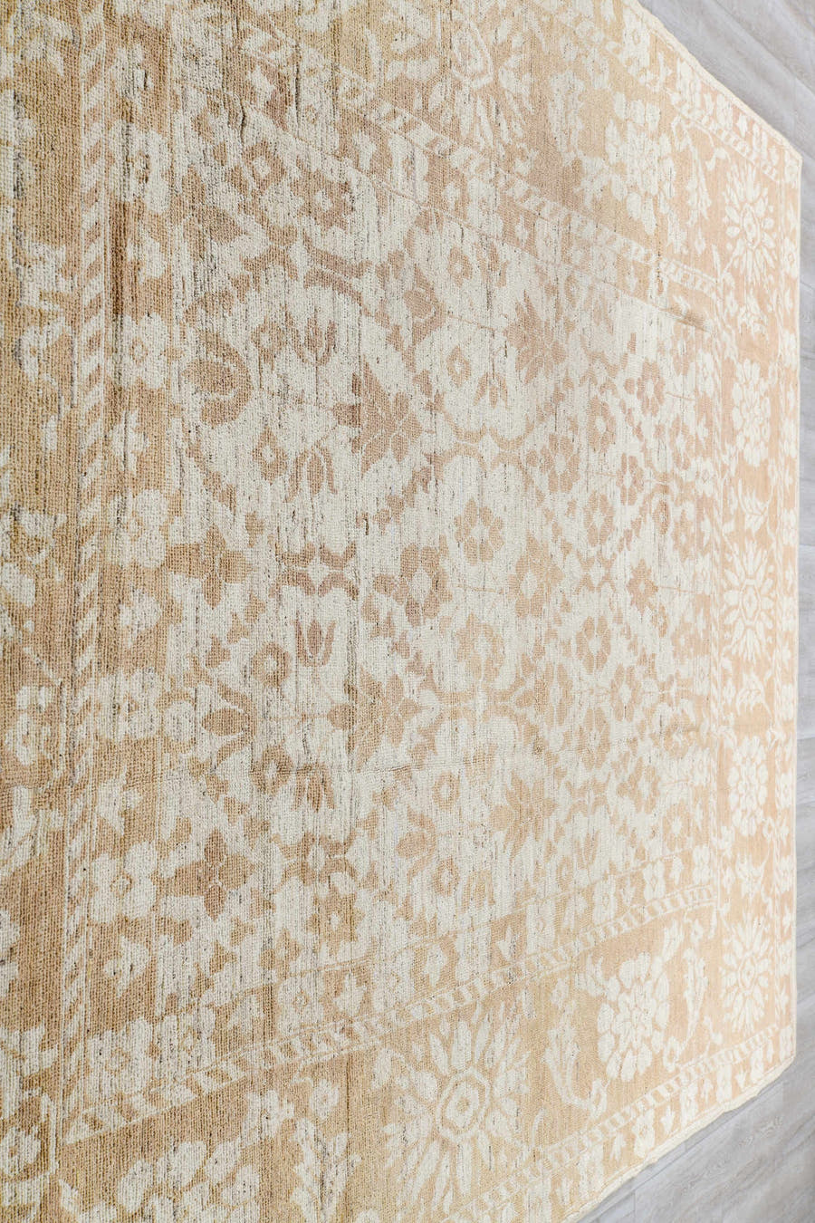 8' x 14' one-of-a-kind handmade vintage Tulu large size rug. Color palette: ivory, beige, taupe, sand, cream, gray