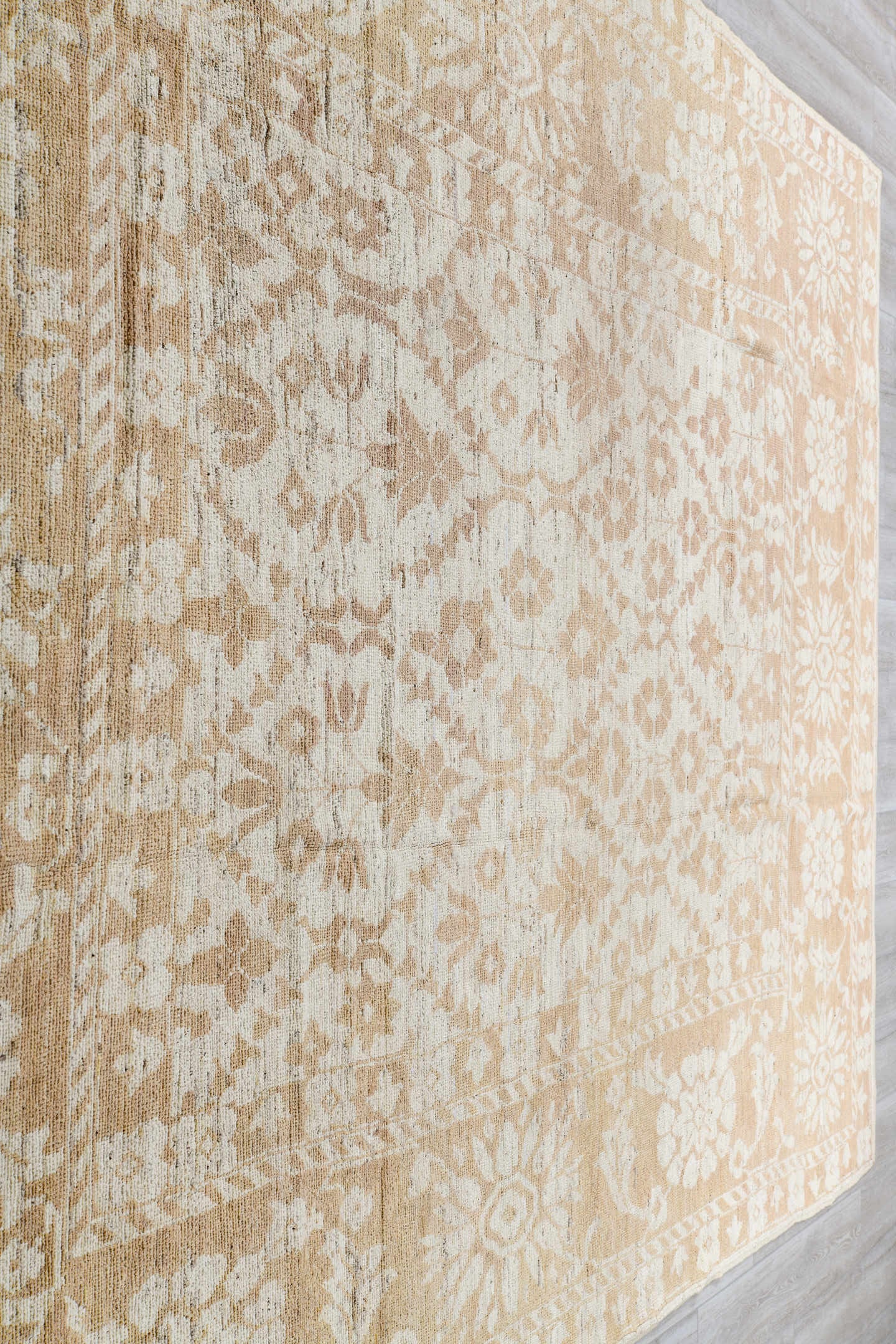 8' x 14' one-of-a-kind handmade vintage Tulu large size rug. Color palette: ivory, beige, taupe, sand, cream, gray