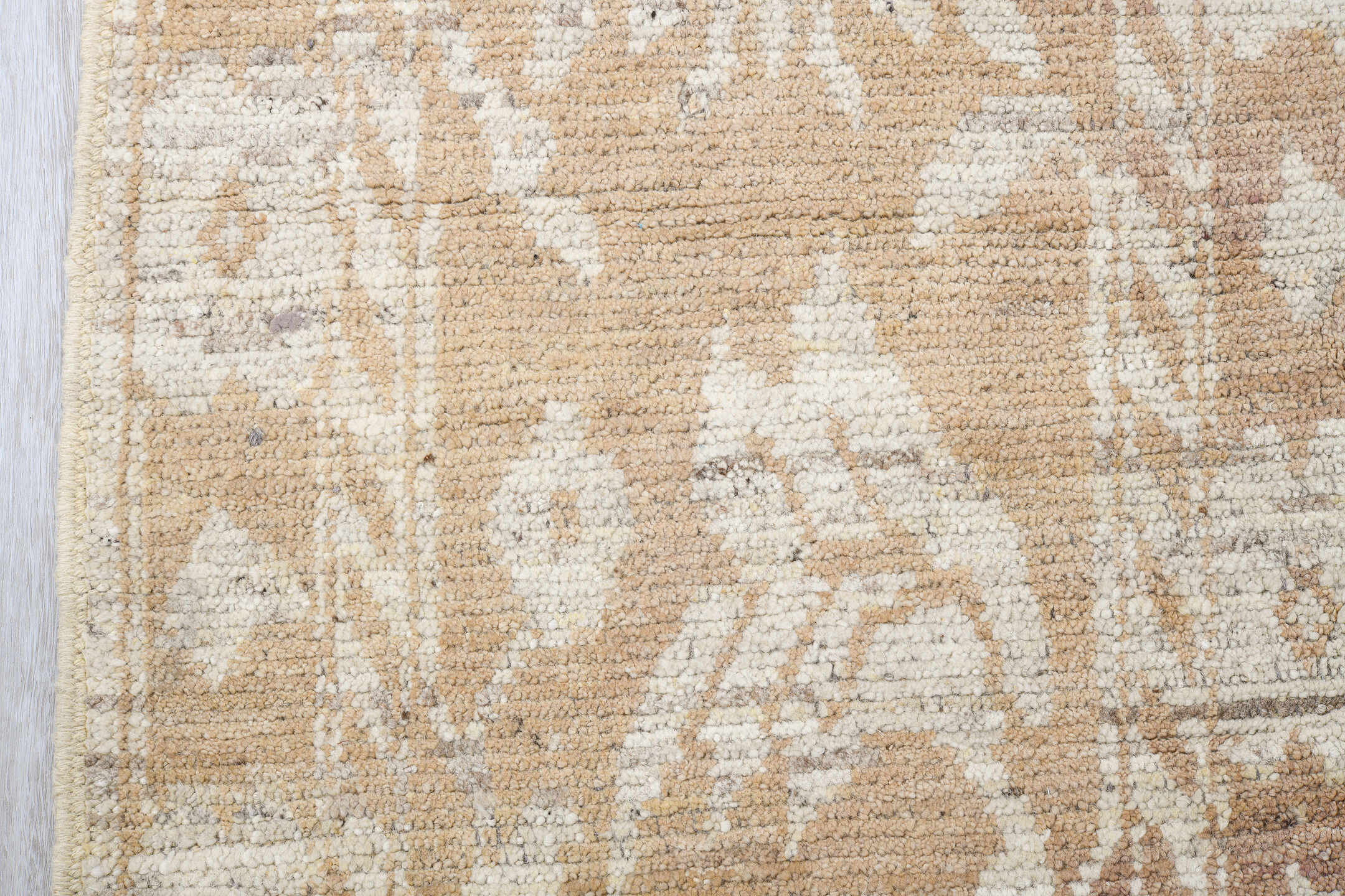 8' x 14' one-of-a-kind handmade vintage Tulu large size rug. Color palette: ivory, beige, taupe, sand, cream, gray