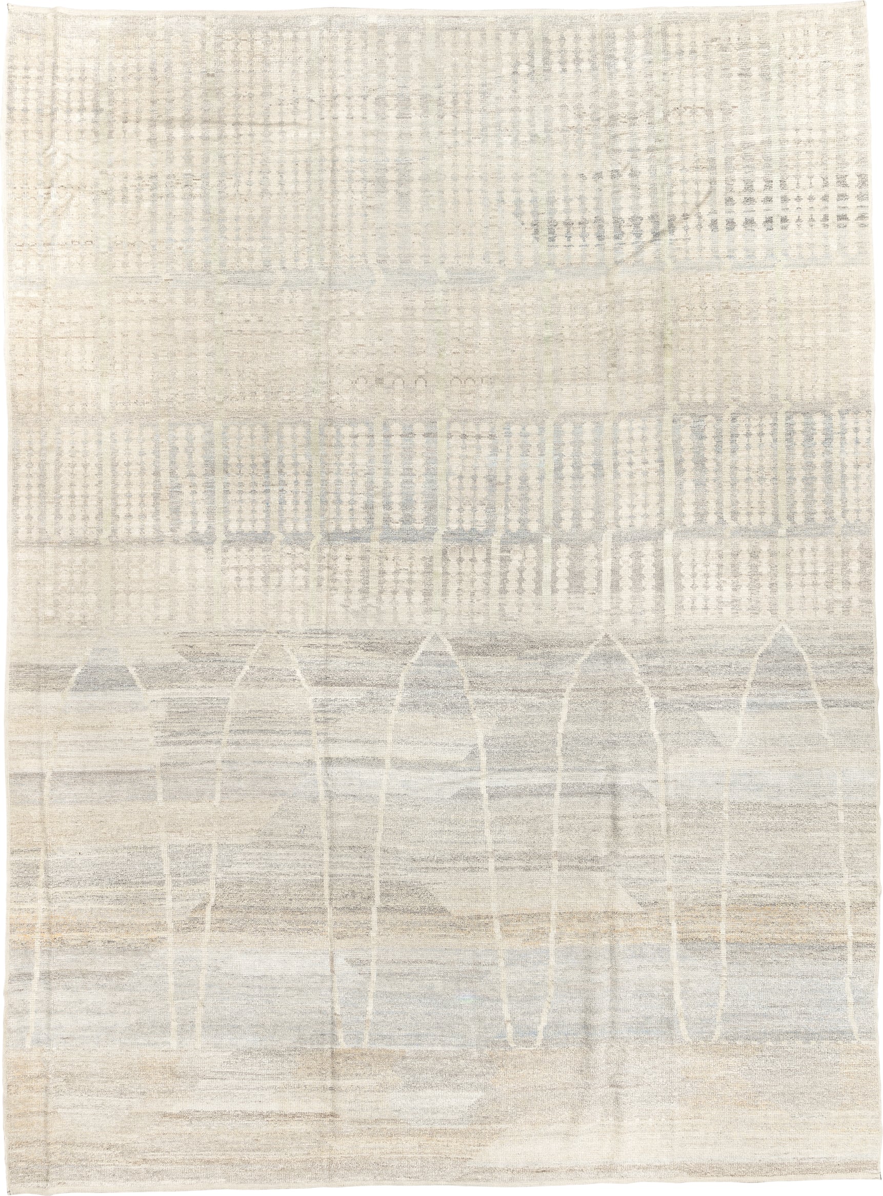 10' x 14' one-of-a-kind handmade vintage Tulu large size rug. Color palette: ivory, cream, taupe, pale gray, beige, gray