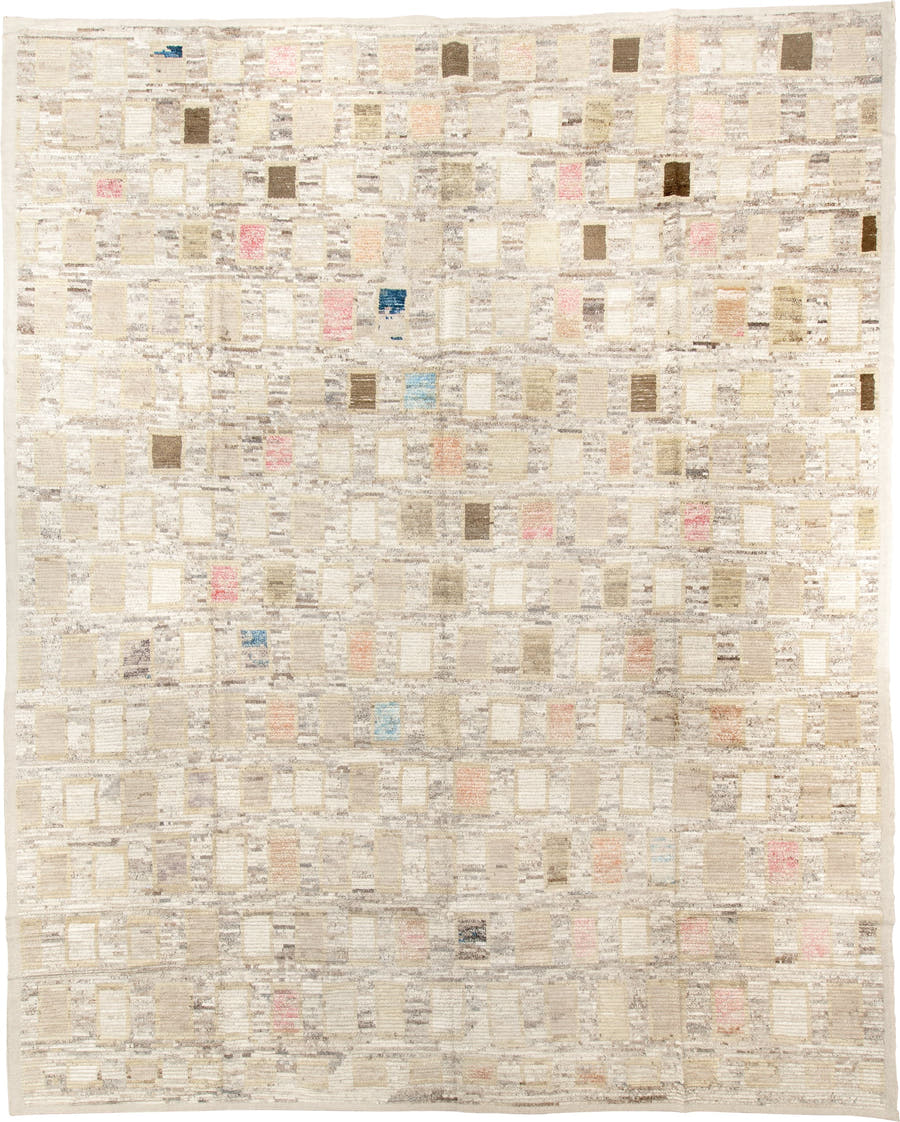 13' x 16' one-of-a-kind handmade vintage Tulu oversize rug. Color palette: ivory, cream, taupe, beige, gray, blush, brown