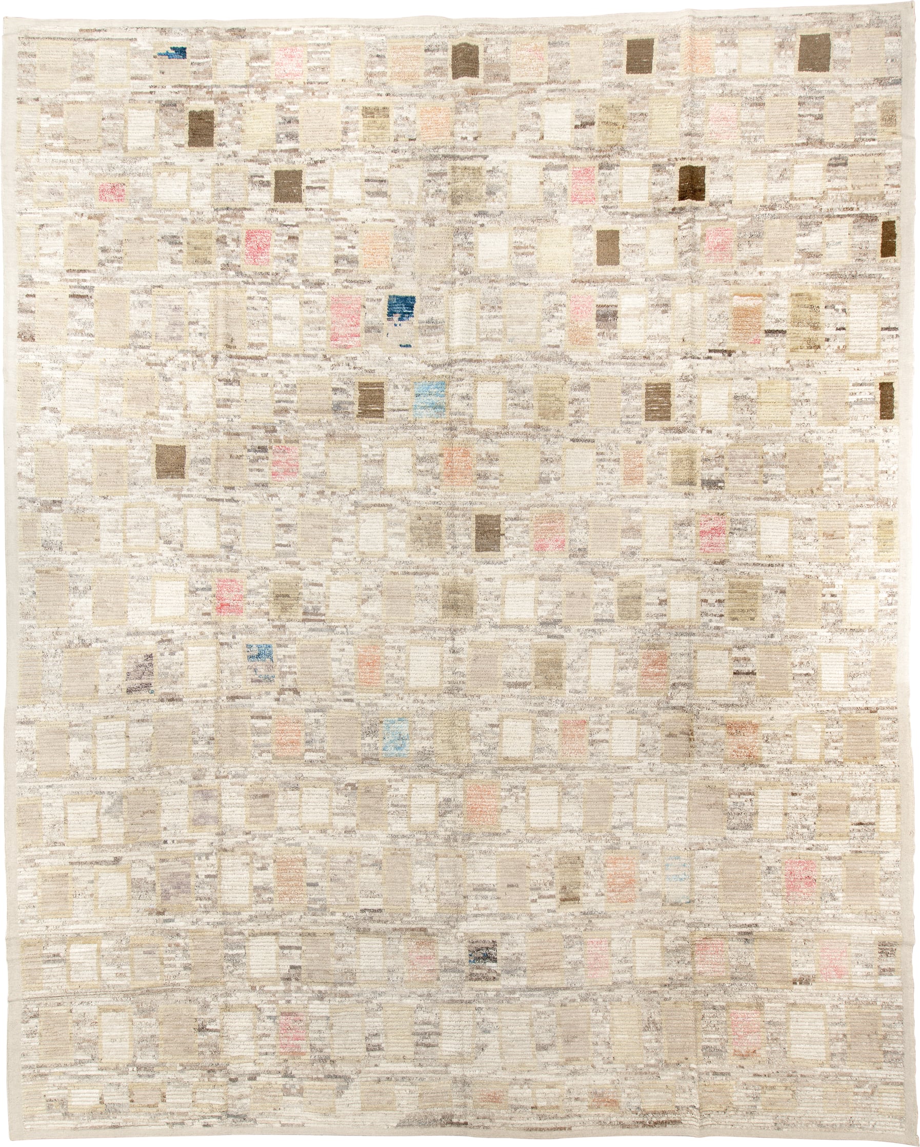 13' x 16' one-of-a-kind handmade vintage Tulu oversize rug. Color palette: ivory, cream, taupe, beige, gray, blush, brown