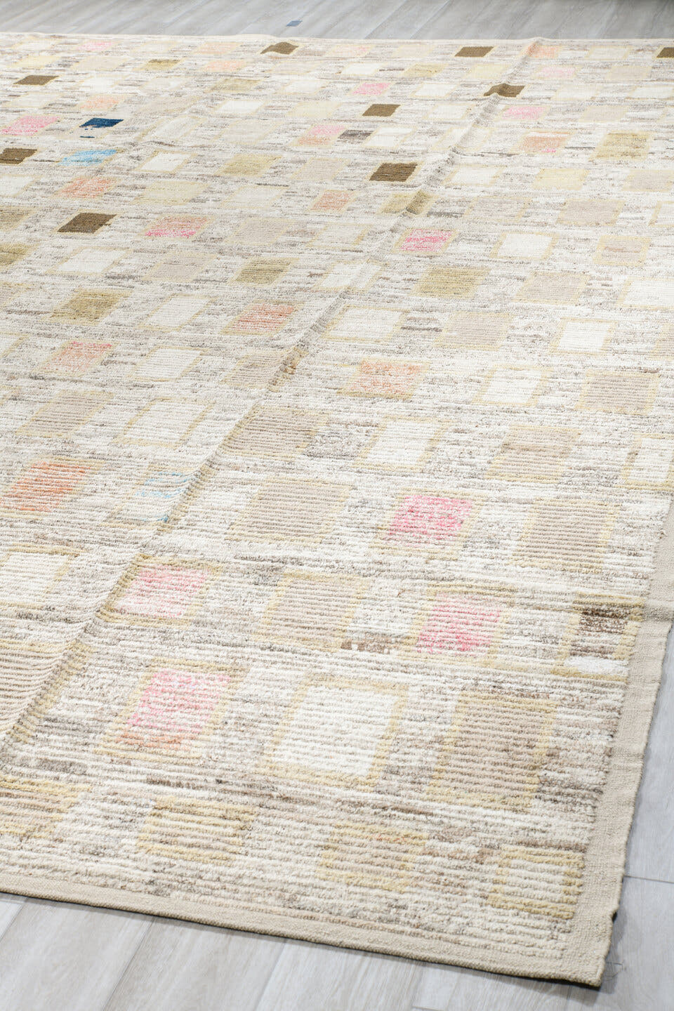 13' x 16' one-of-a-kind handmade vintage Tulu oversize rug. Color palette: ivory, cream, taupe, beige, gray, blush, brown