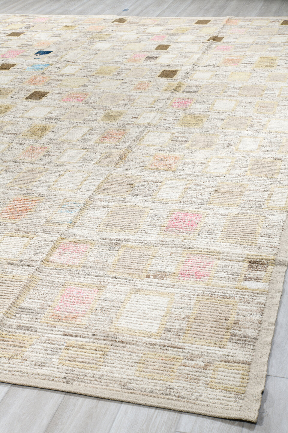 13' x 16' one-of-a-kind handmade vintage Tulu oversize rug. Color palette: ivory, cream, taupe, beige, gray, blush, brown
