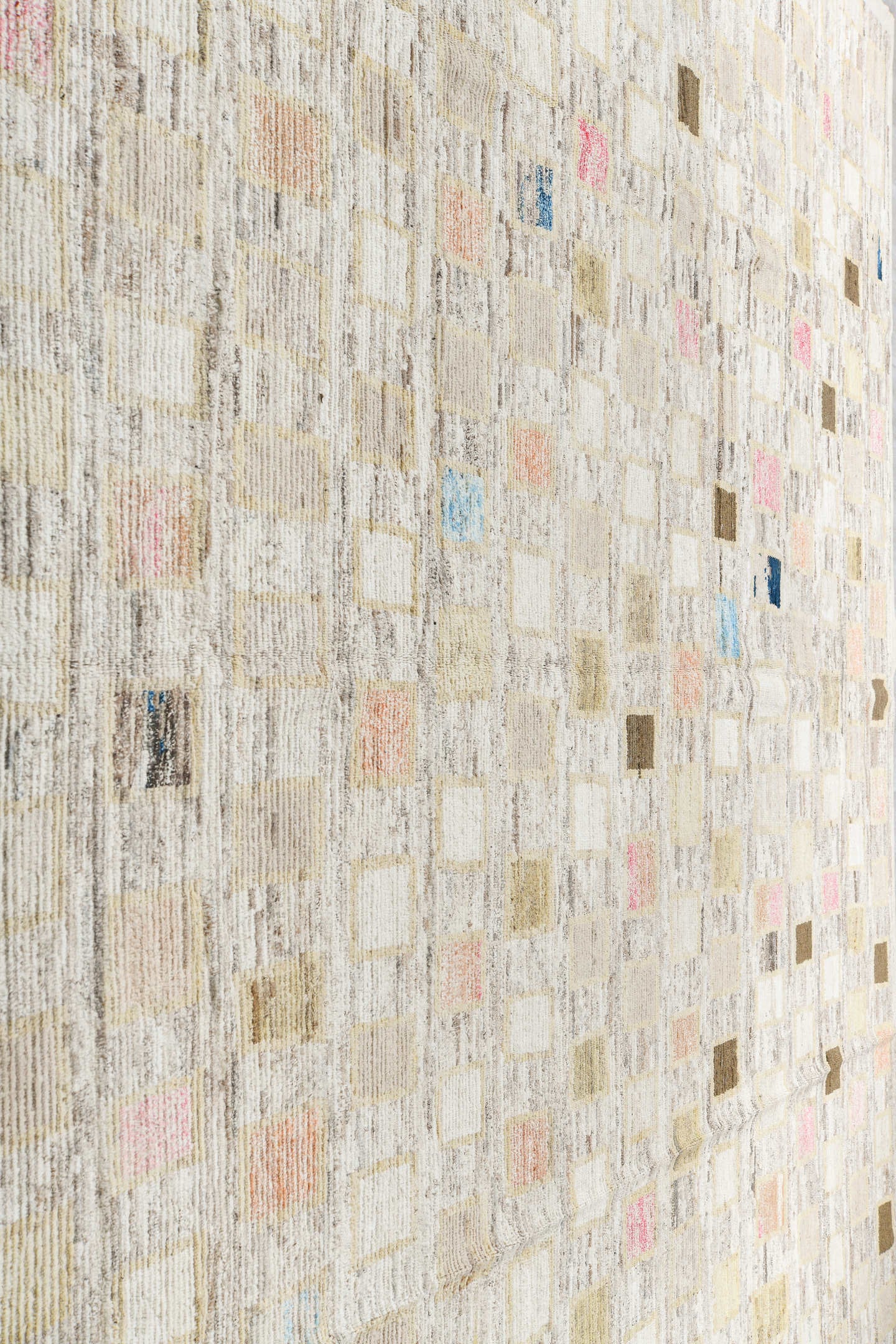 13' x 16' one-of-a-kind handmade vintage Tulu oversize rug. Color palette: ivory, cream, taupe, beige, gray, blush, brown