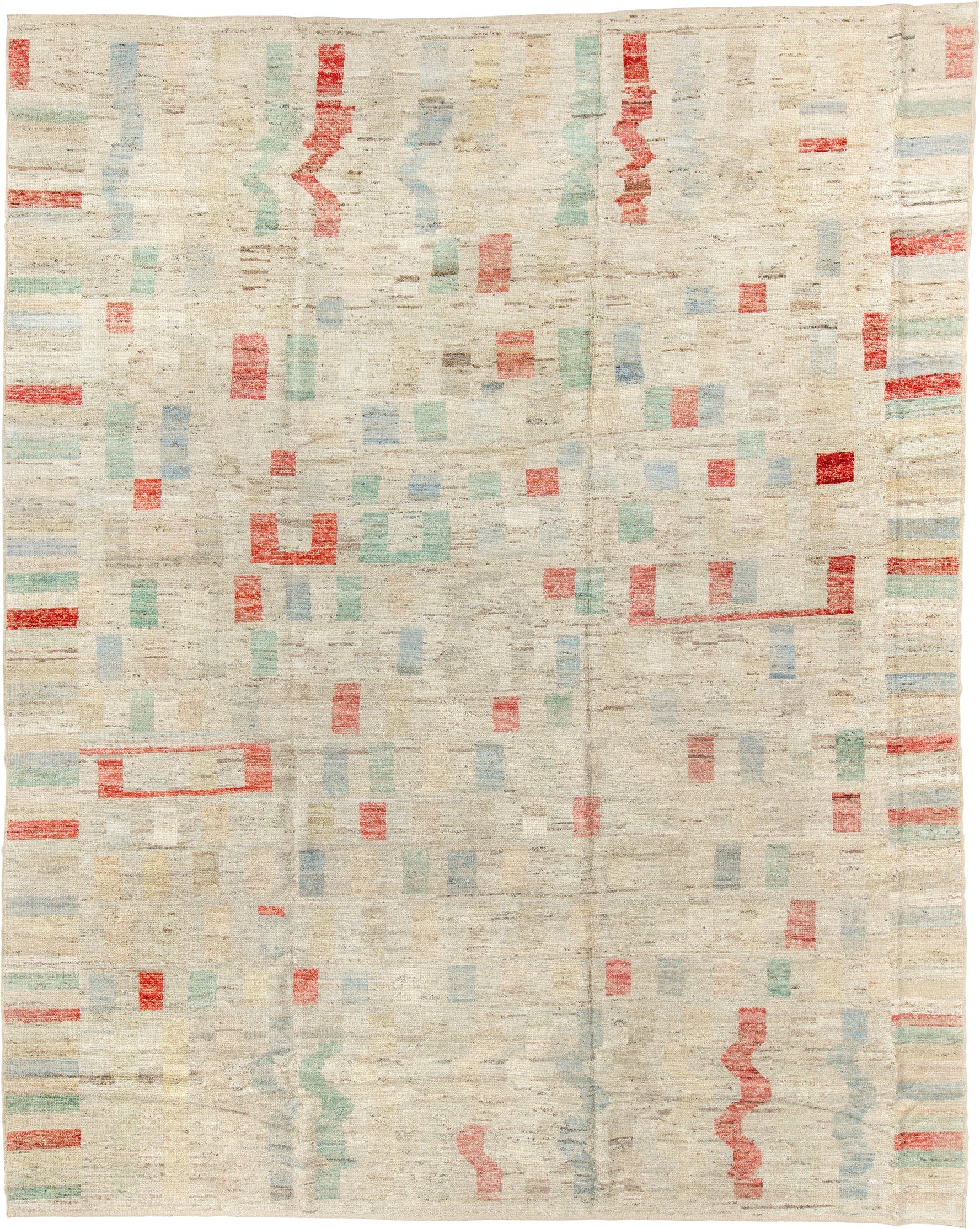 10' x 13' one-of-a-kind handmade vintage Tulu large size rug. Color palette: ivory, coral, pale aqua, powder blue, beige