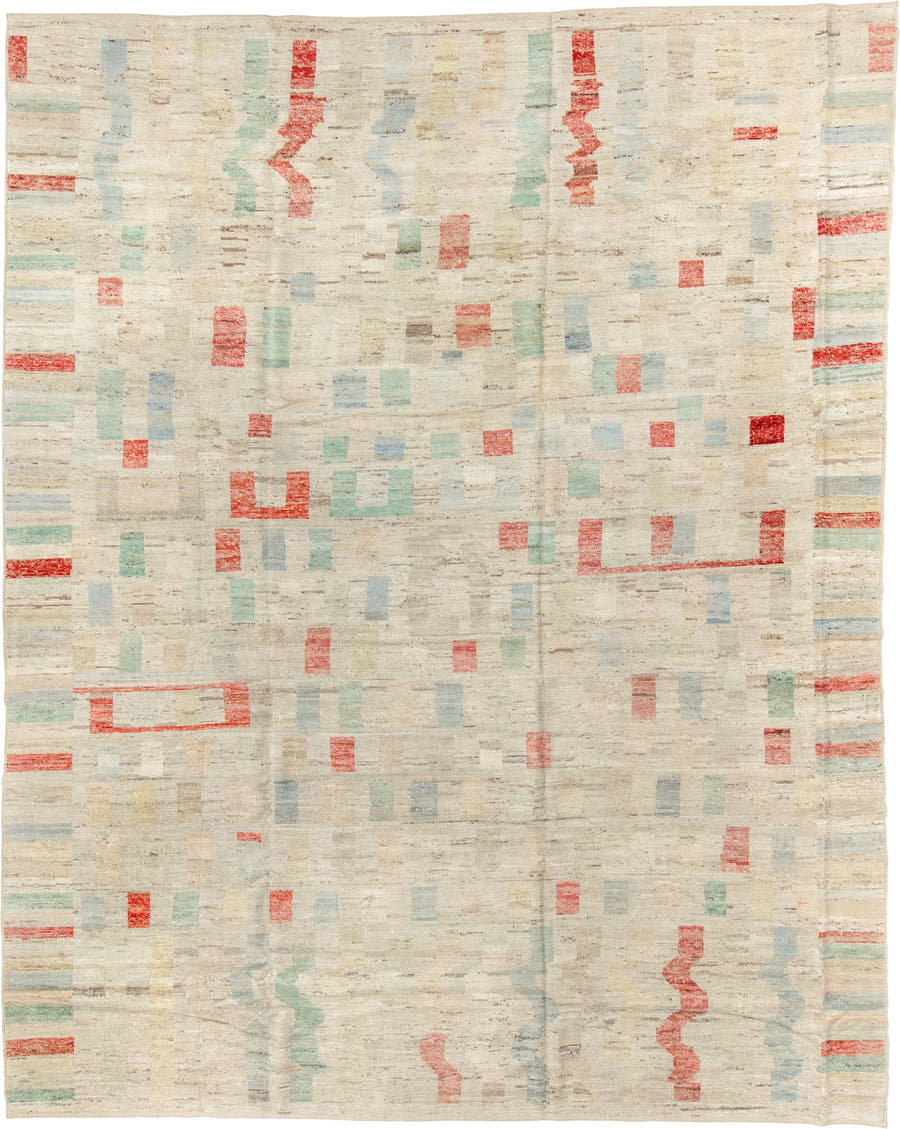 10' x 13' one-of-a-kind handmade vintage Tulu large size rug. Color palette: ivory, coral, pale aqua, powder blue, beige