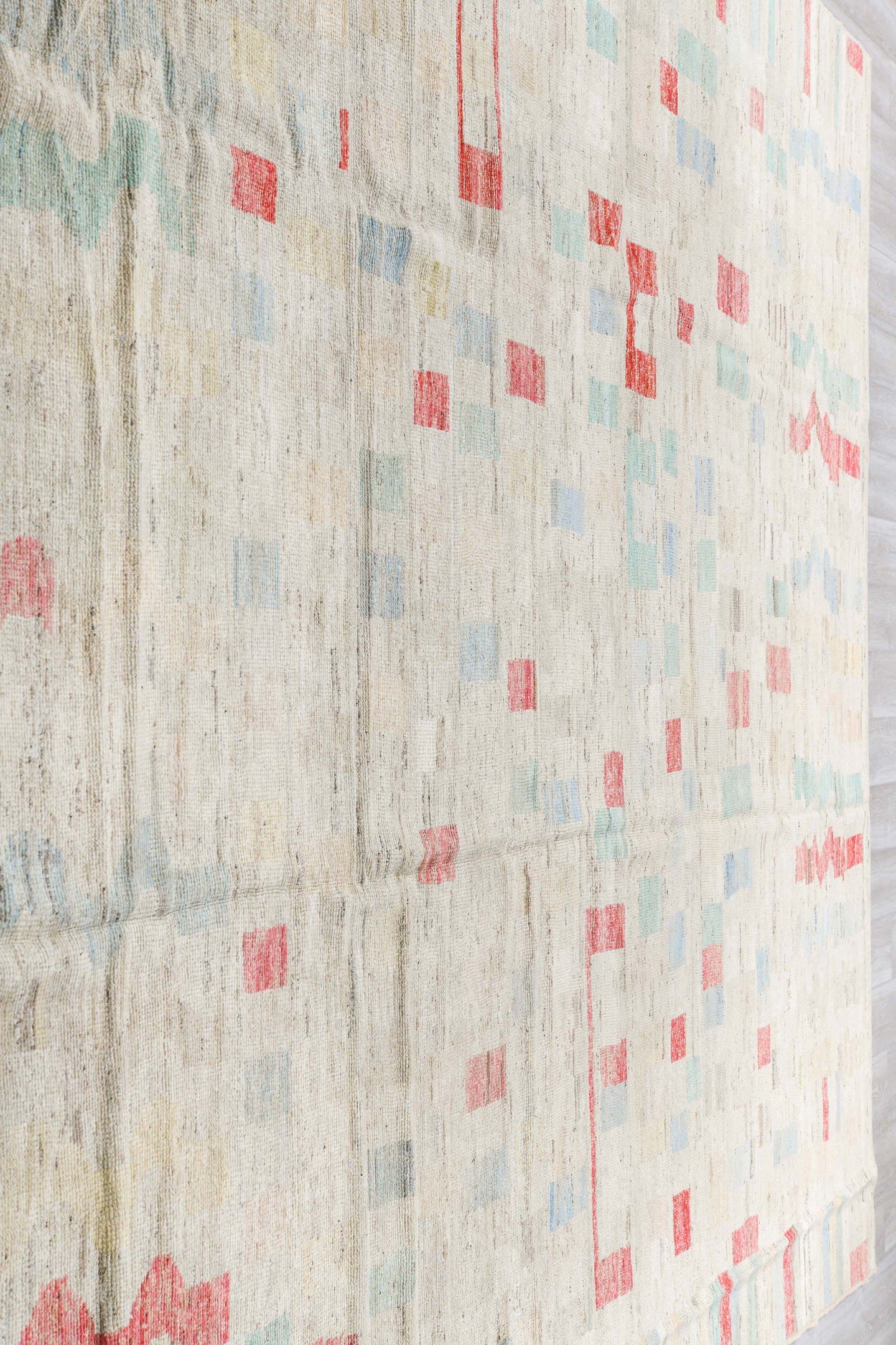 10' x 13' one-of-a-kind handmade vintage Tulu large size rug. Color palette: ivory, coral, pale aqua, powder blue, beige