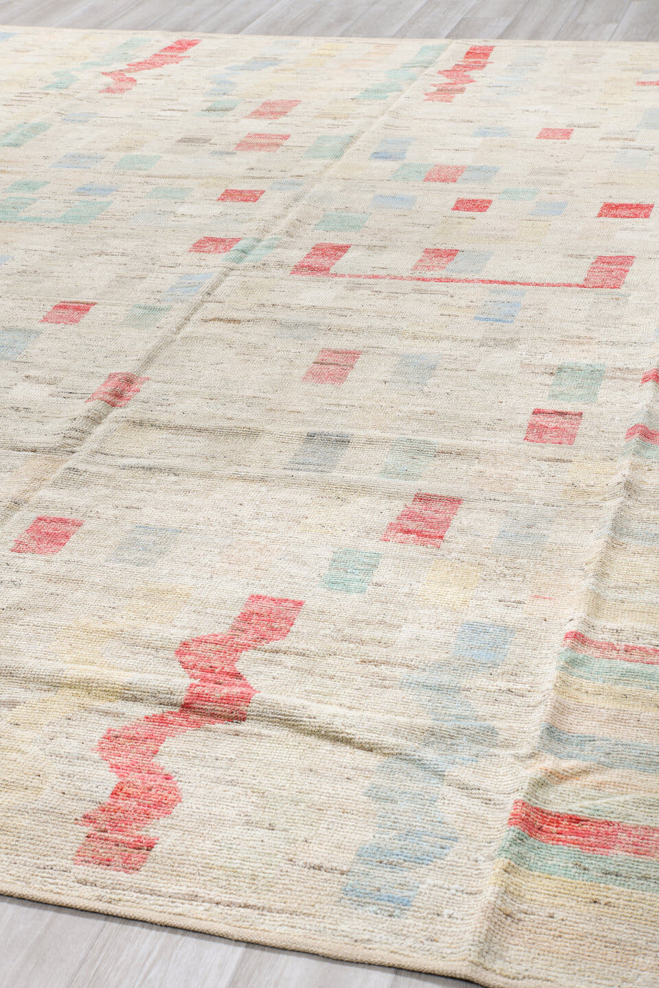 10' x 13' one-of-a-kind handmade vintage Tulu large size rug. Color palette: ivory, coral, pale aqua, powder blue, beige