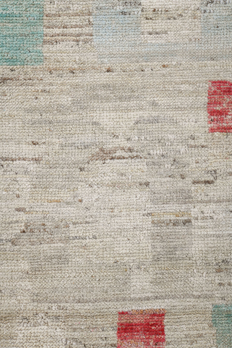 10' x 13' one-of-a-kind handmade vintage Tulu large size rug. Color palette: ivory, coral, pale aqua, powder blue, beige