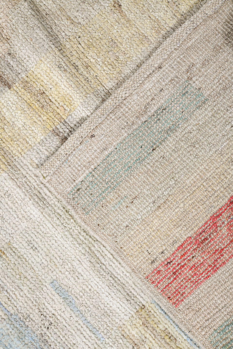 10' x 13' one-of-a-kind handmade vintage Tulu large size rug. Color palette: ivory, coral, pale aqua, powder blue, beige