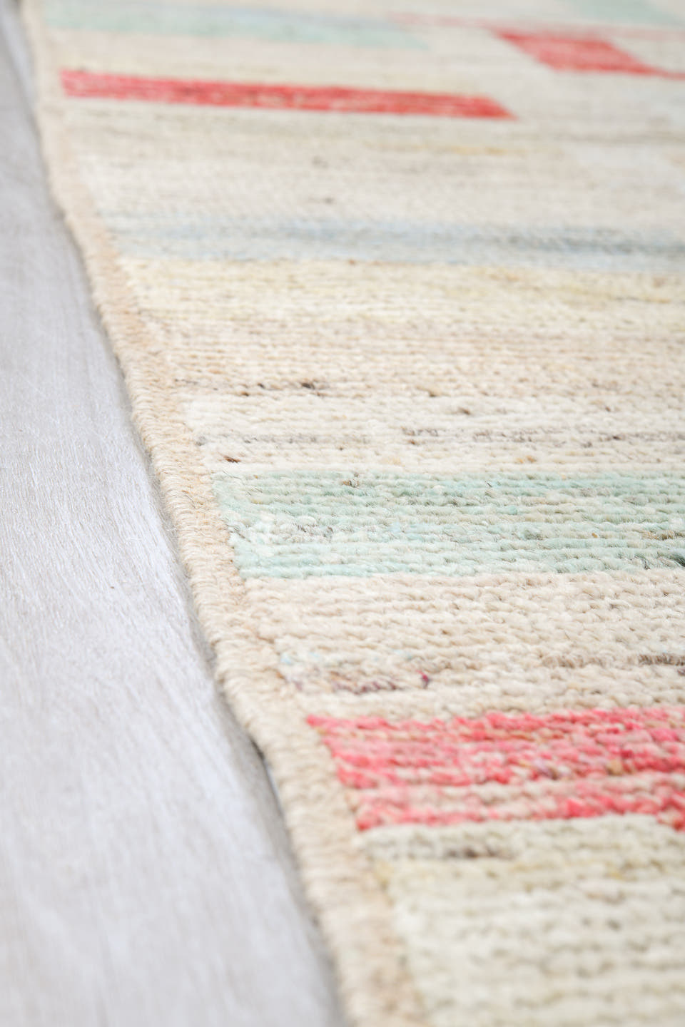 10' x 13' one-of-a-kind handmade vintage Tulu large size rug. Color palette: ivory, coral, pale aqua, powder blue, beige