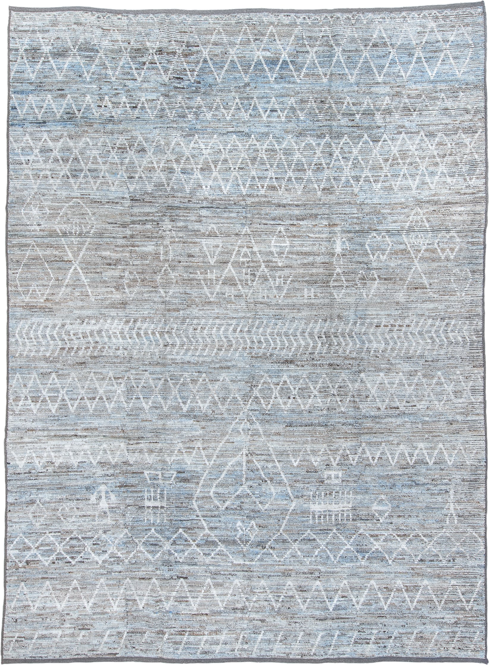 10' x 14' one-of-a-kind handmade vintage Tulu large size rug. Color palette: ivory, pale blue, gray, taupe, slate
