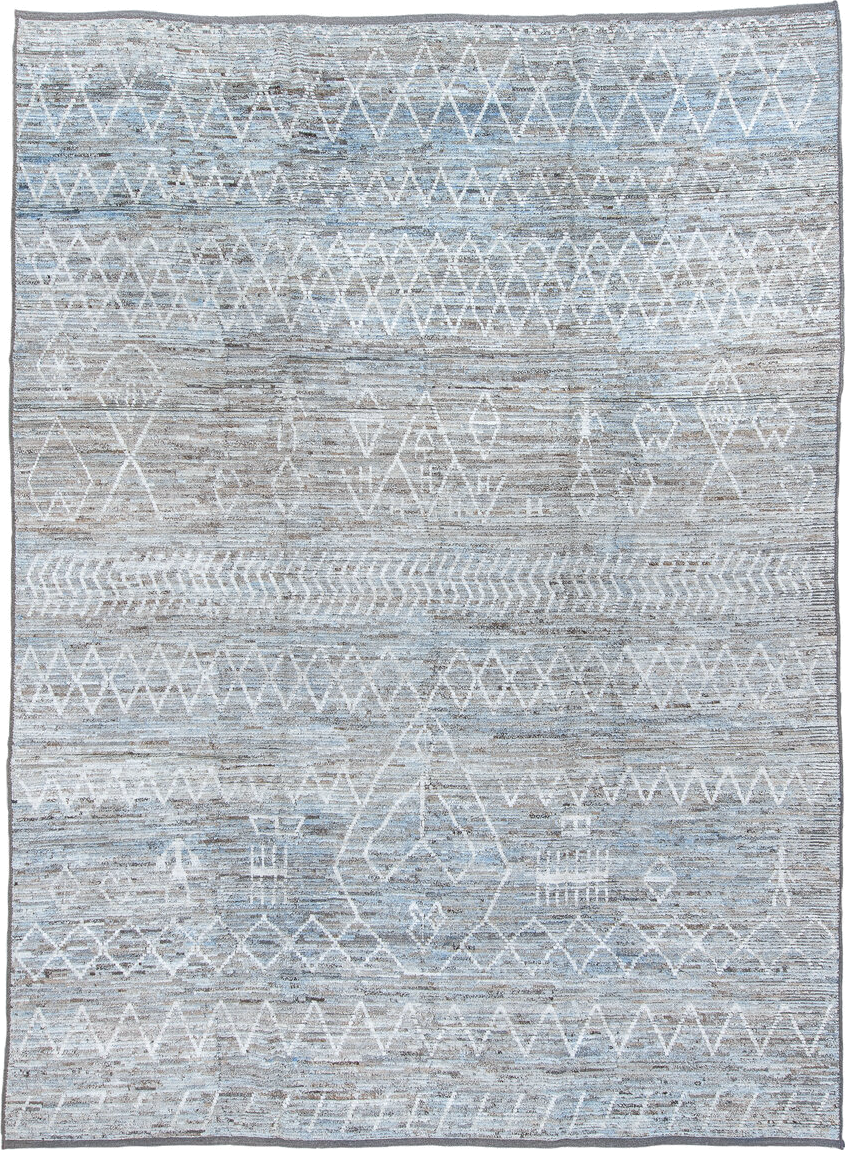 10' x 14' one-of-a-kind handmade vintage Tulu large size rug. Color palette: ivory, pale blue, gray, taupe, slate